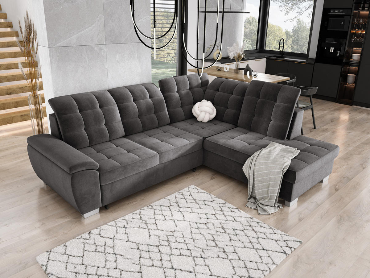 ECKSOFA LOTTA SALVADOR Bettkasten verstellbare Kopfstützen hochwertige Verarbeitung lose Rückenkissen freistehend RECHTS 258x212x106 cm Dark grey - Dunkelgrau, Holz/Textil (258/212cm) - DomoHome