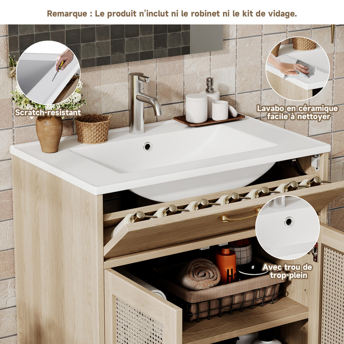 WASCHBECKENUNTERSCHRANK Badmöbel Keramikbecken Rattan Front MDF Melamin Stauraum Badezimmer - Naturfarben, Keramik/Holzwerkstoff (76/88/46cm) - EVRYAE