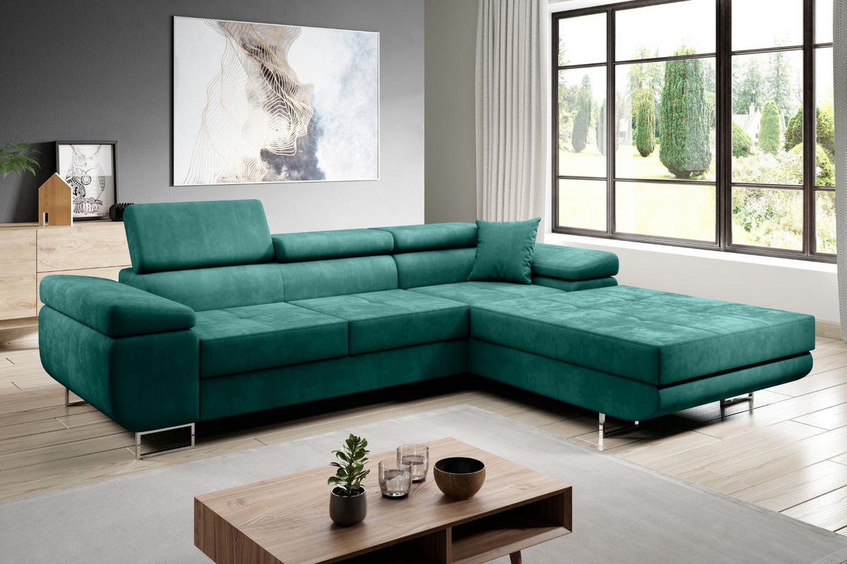 ECKSOFA ALONZO L Rechts mit Schlaffunktion 125x195 Velours Grün - Silberfarben/Grün, Holz/Textil (203/275cm) - Muffo