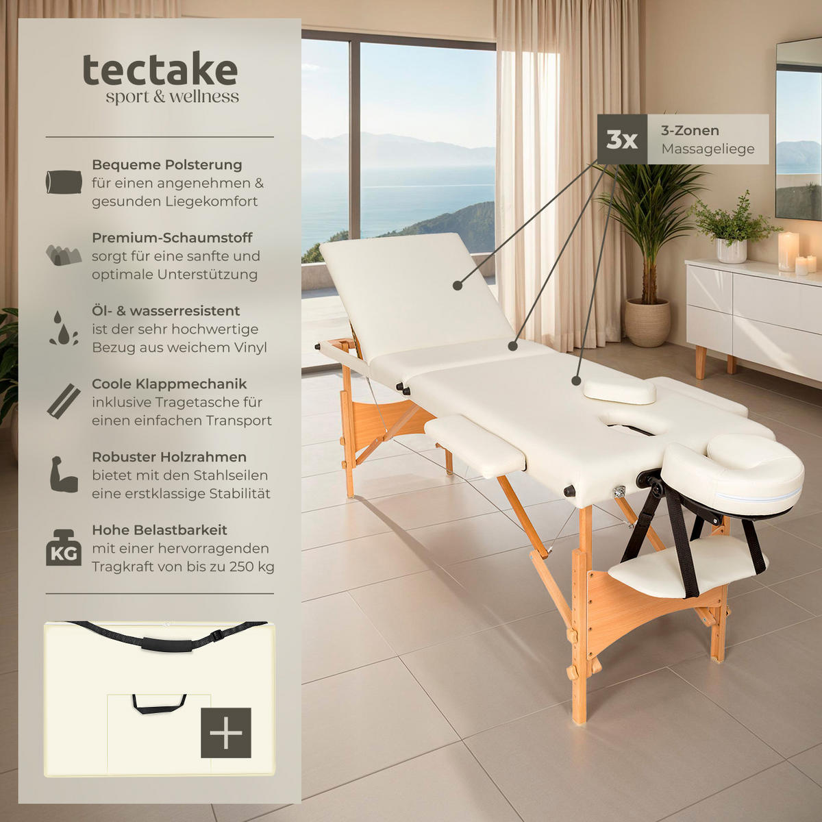 MASSAGELIEGE 3 Zonen Daniel,210 x 95 x 84 cm,beige - Beige, Holz (61/62/185cm) - tectake