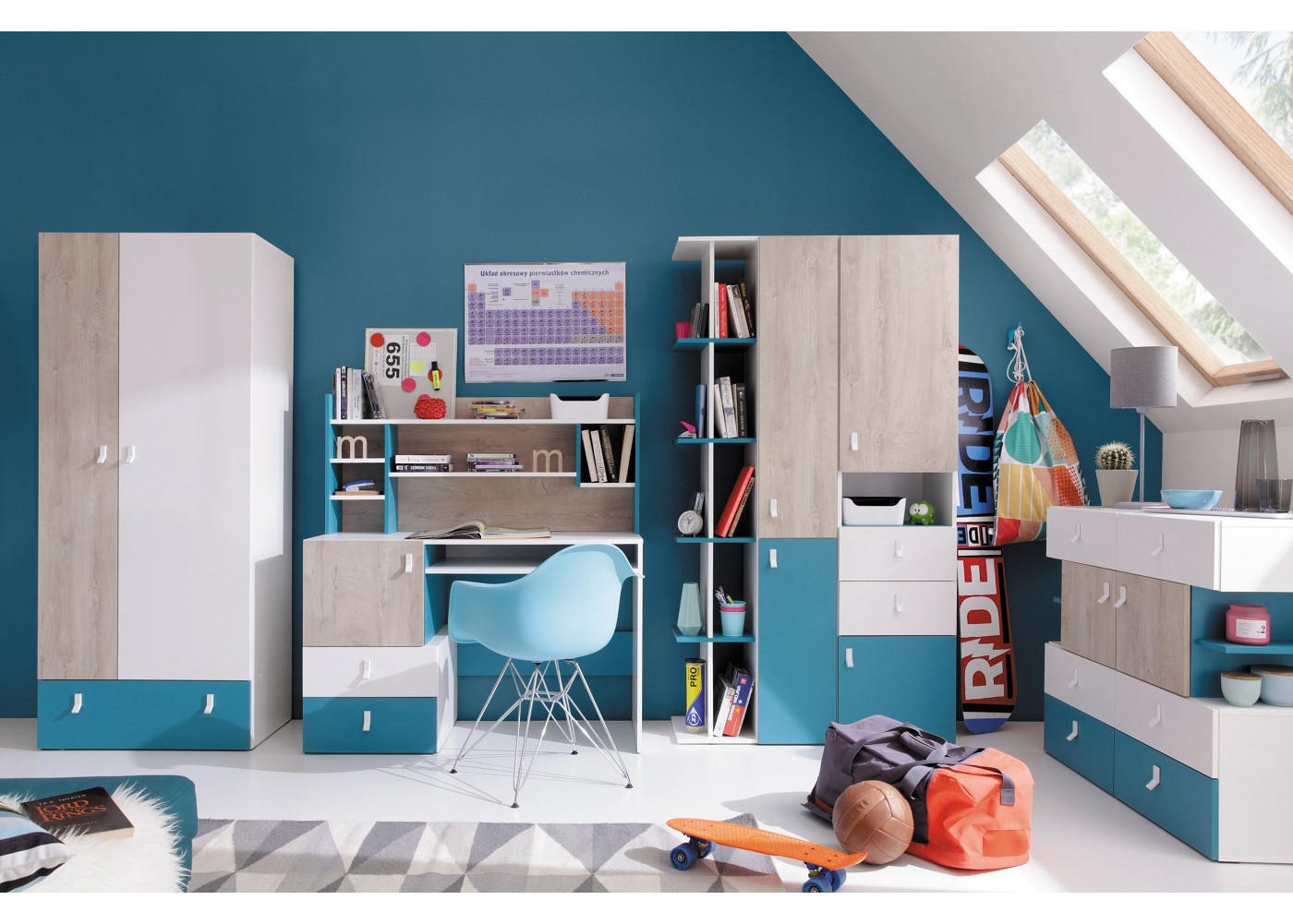 JUGENDZIMMER Space Set C 6-teilig - Weiß-Eiche-Türkis - Türkis/Eichefarben, Holzwerkstoff (80/190/50cm) - QMM TraumMöbel