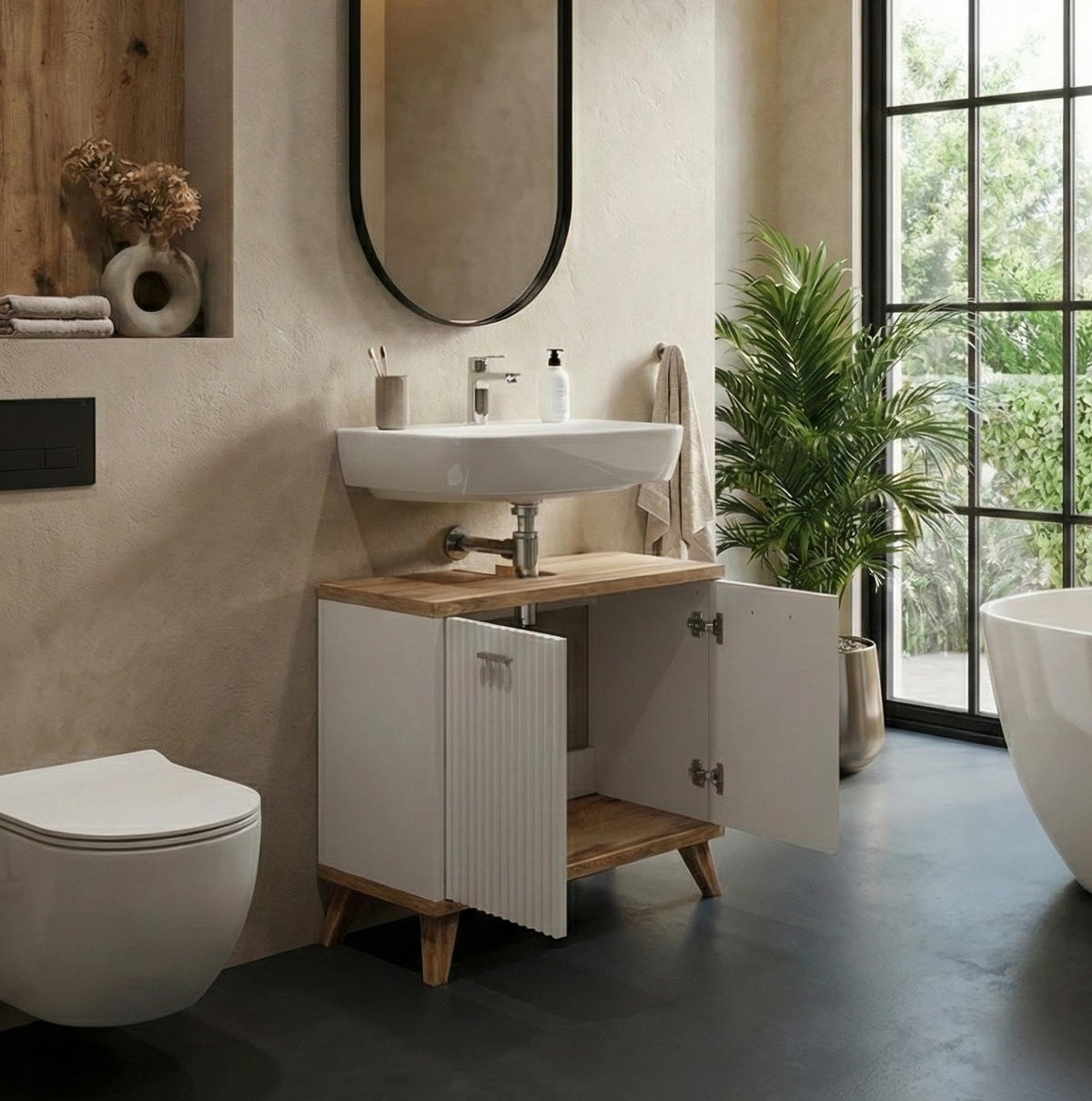 WASCHBECKENUNTERSCHRANK Colima 2 Schubladen Eiche mit Weiß - 60 x 28 x 54 cm - Weiß, Holz (60/54/28cm) - Badplaats