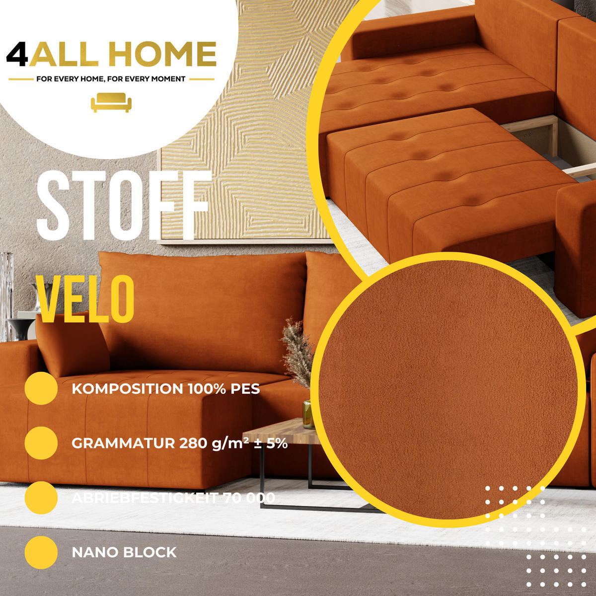 ECKSOFA Tico mit Bettkasten und Schlaffunktion, L-Form/XL-Form, Velourstoff, Universal - Rostfarben, Holzwerkstoff (276/145cm) - 4ALL HOME