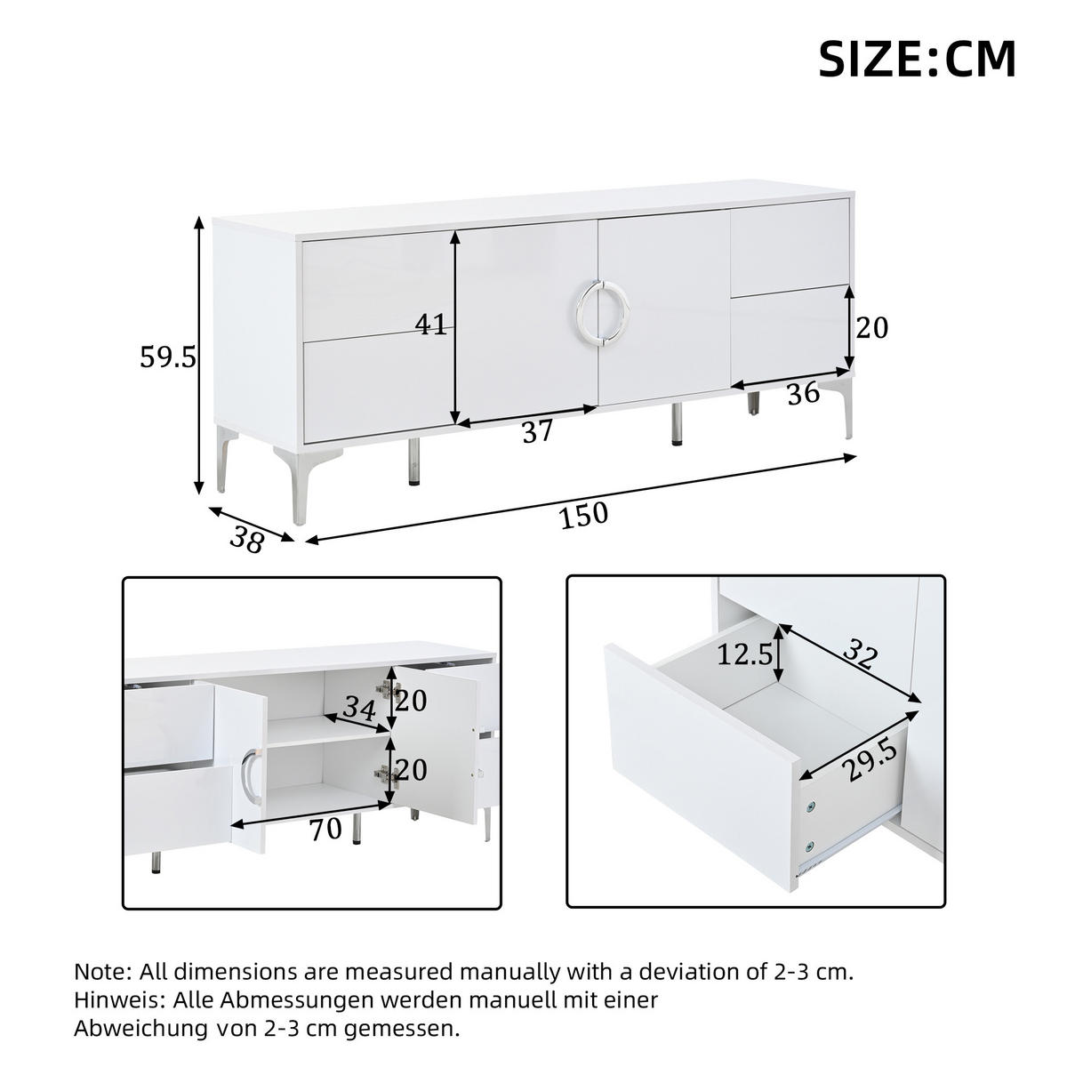SIDEBOARD 150/38/59,5 cm Weiß aus MDF mit 4 Schubladen - Weiß, Holzwerkstoff (150/59.5/38cm) - OKWISH