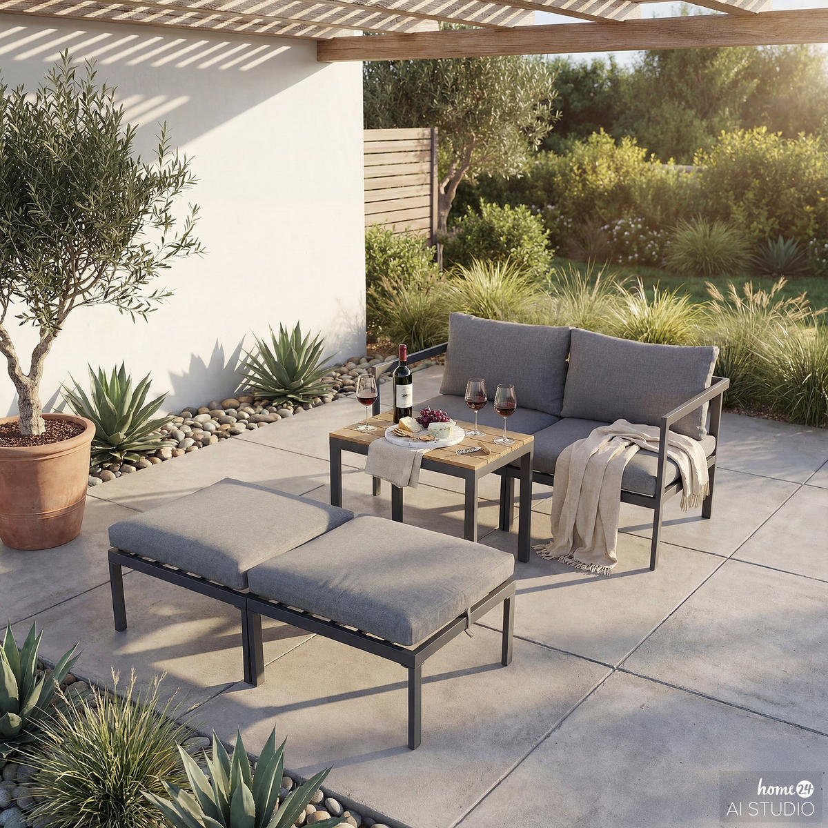 MODULARES LOUNGESET - 5-teilig - Stahl / Olefin - Grau - Grau, Kunststoff/Textil - home24