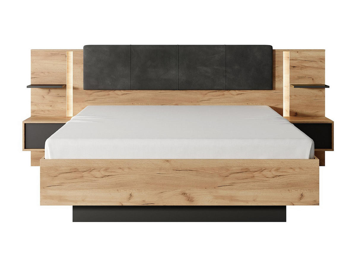 BETTRAHMEN - 2 Personen - stoff - anthrazitgrau, naturfarben hell Elynia - Anthrazit/Naturfarben, Holz/Holzwerkstoff (140/190cm) - Vente-Unique
