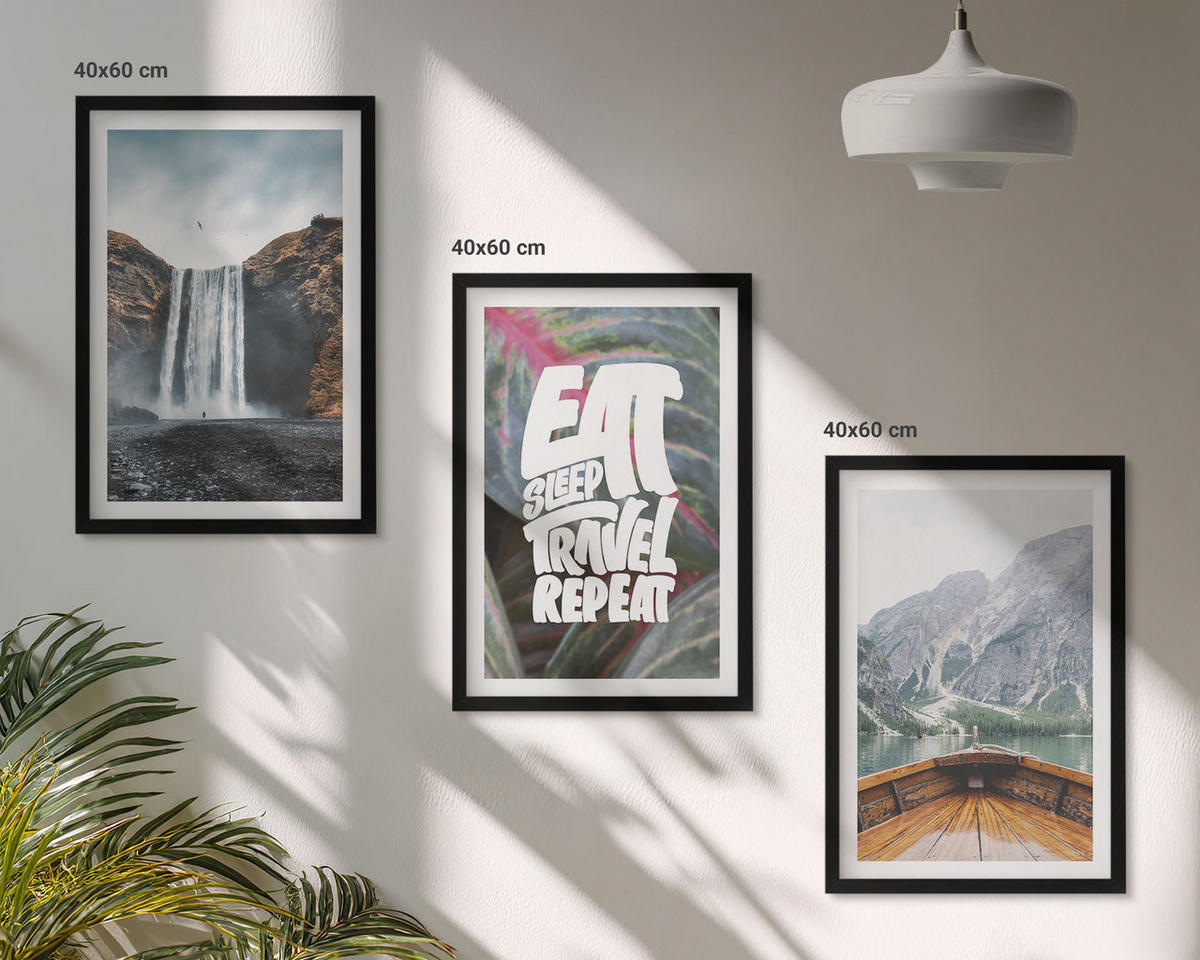 BILDER SET 3er Set - 40x60 cm Schwarzer Rahmen - Wasserfall Berge Natur Boot - Schwarz, Kunststoff (40/60cm) - TULUP