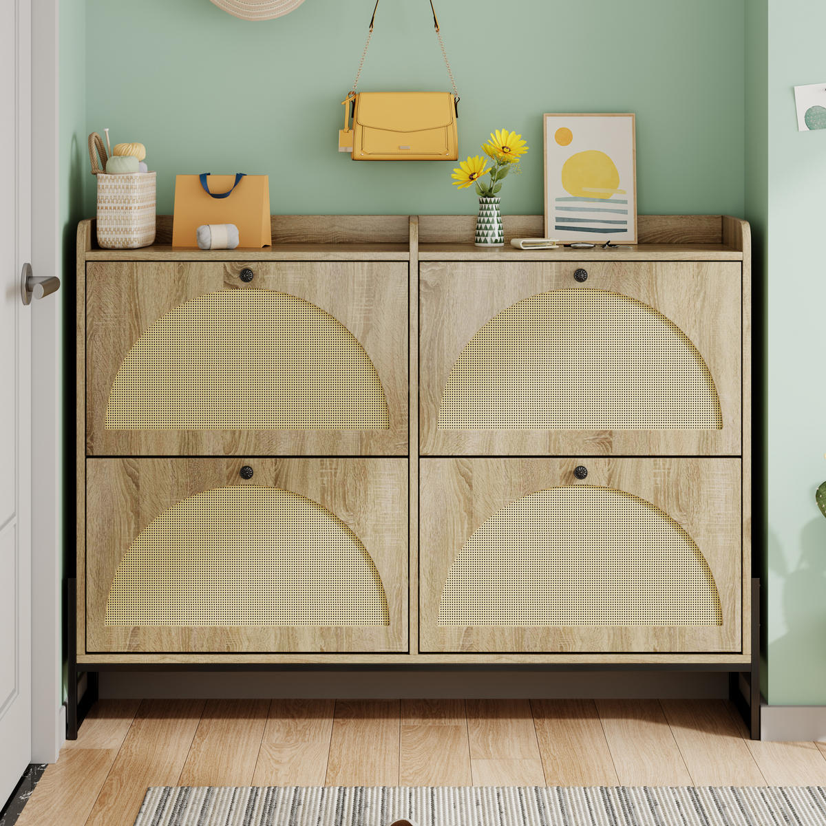 SCHUHSCHRANK aus Spanplatte 121x25x91,5cm in Natur mit Rattan-Türen - Naturfarben, Holzwerkstoff (121/91.5/25cm) - Modfu