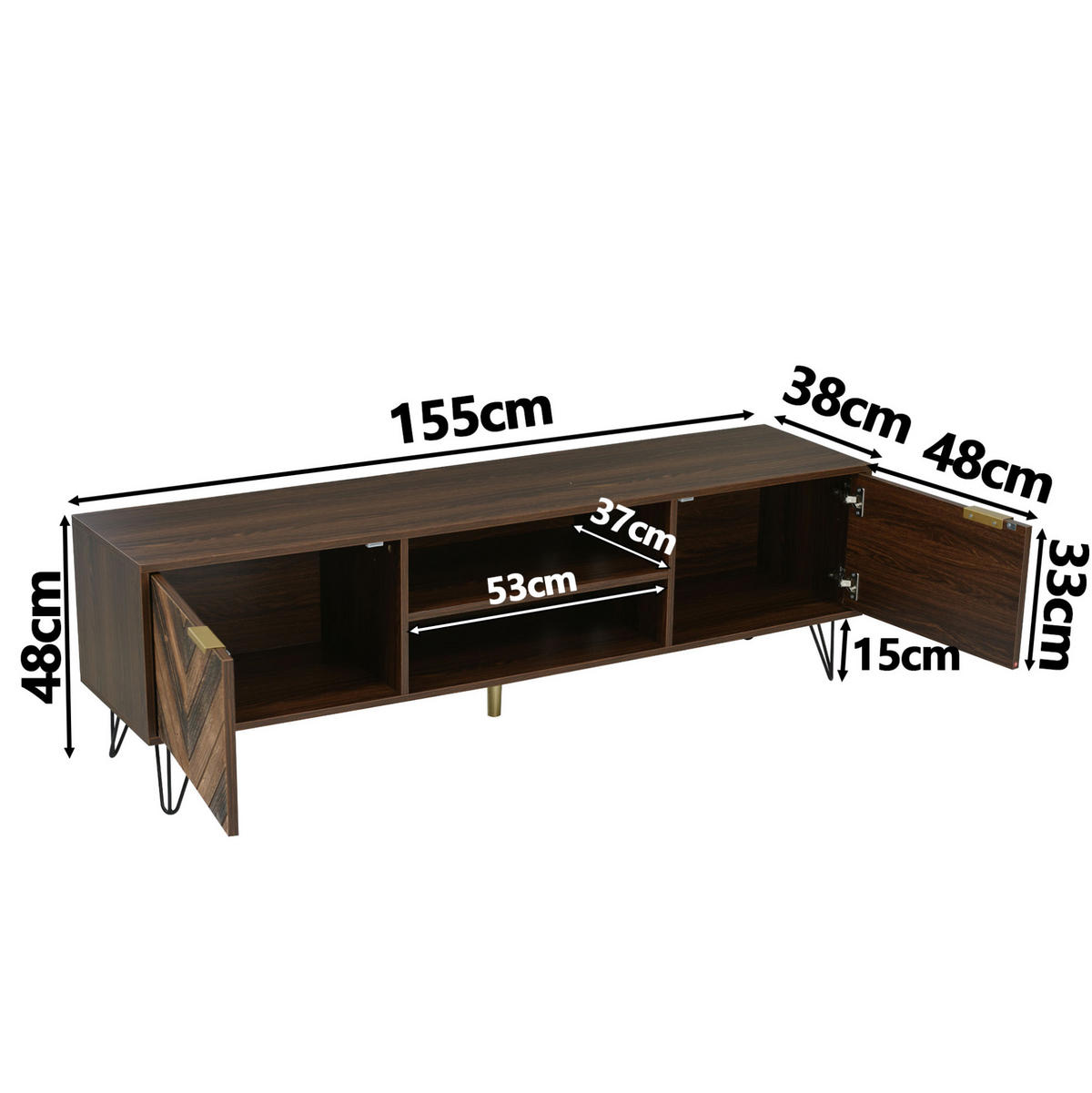 TV-LOWBOARD mit 2 Türen 155 cm Holzfarbe mit Eisenfüßen - Braun, Holzwerkstoff (38/48/155cm) - Beauniv
