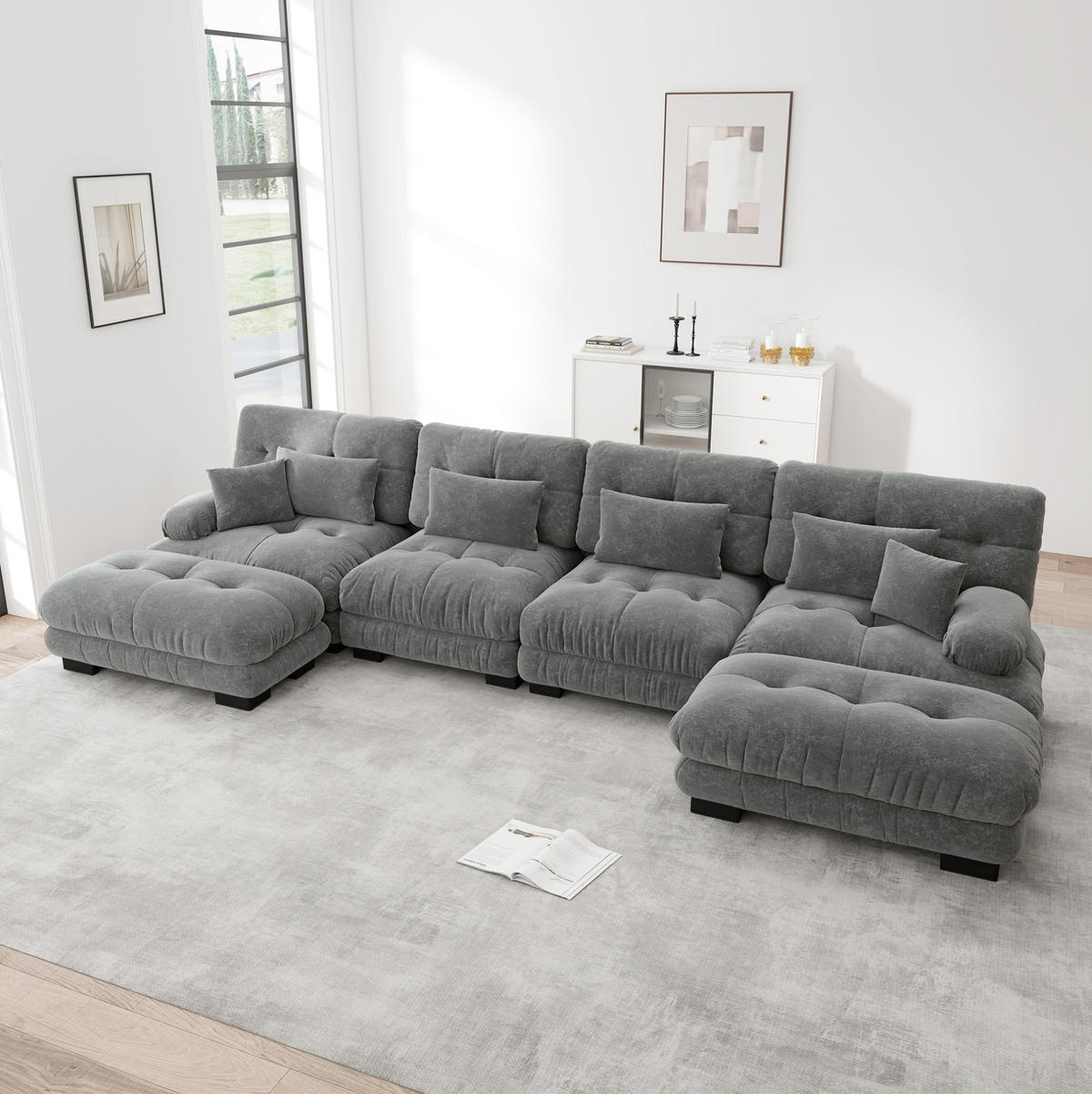 SOFA modular mit beweglichen Ottomans Chenille Grey - Hellgrau, Kunststoff (145/81/406.1cm) - Meubliv
