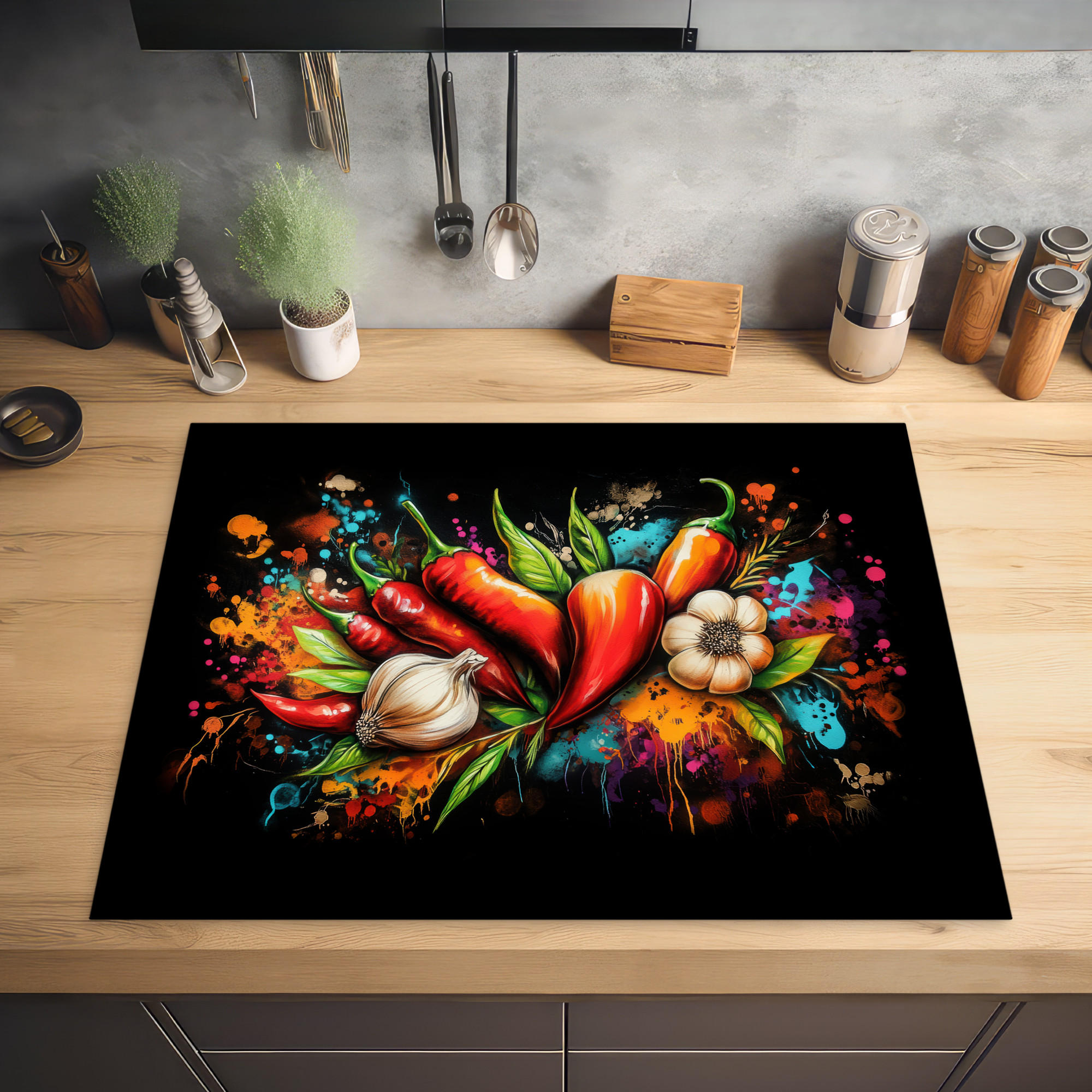 HERDABDECKPLATTE Gemüse - Paprika - Knoblauch - Graffiti - Farbe - Bunt 77x59 cm - Rot, Kunststoff (77/0.2/59cm) - MuchoWow