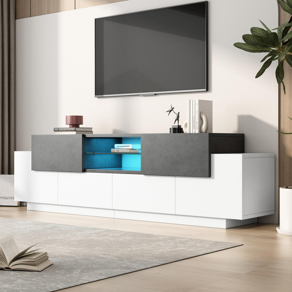 TV-SCHRANK Modern Lowboard LED-Beleuchtung Glasböden Weiß-Grau bis 80 Zoll - Weiß, Holz (48.26/18.42/99.06cm) - FLIEKS