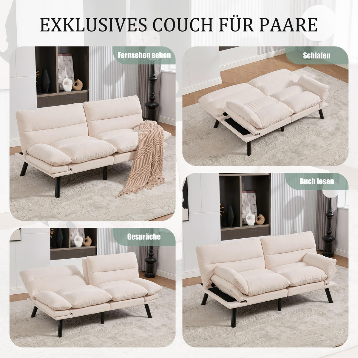 2-SITZER SOFA mit Verstellbare Rückenlehne und Armlehnen, Metallfüße, Beige - Beige, Textil (90/76/165cm) - KOMHTOM