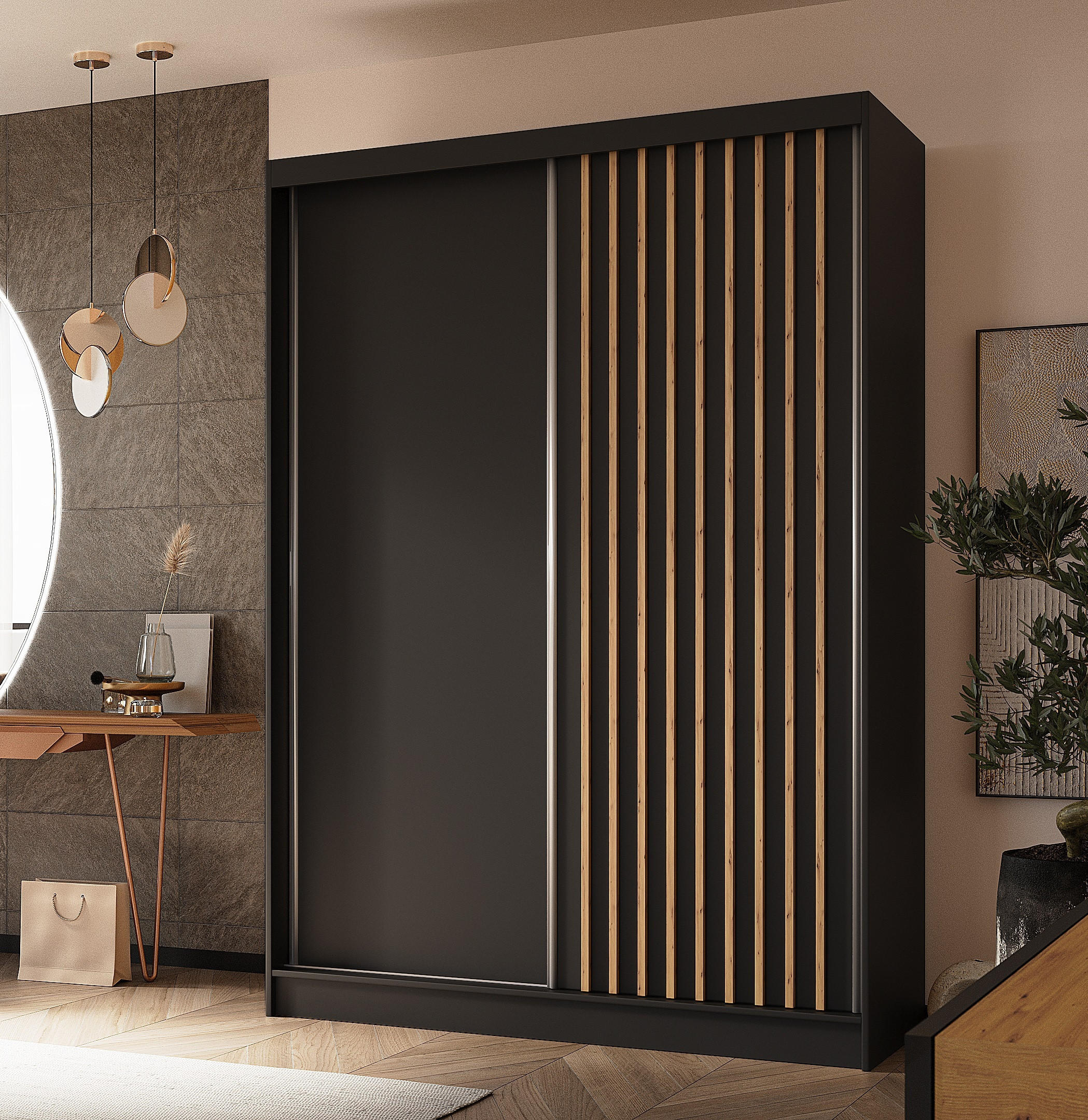SCHWEBETÜRENSCHRANK Cabinio Schwarz Eiche Artisan 150/216/61 cm – Modern, mit Lamellen - Walnussfarben/Schwarz, Holzwerkstoff/Kunststoff (150/216.1/61cm) - AX Living
