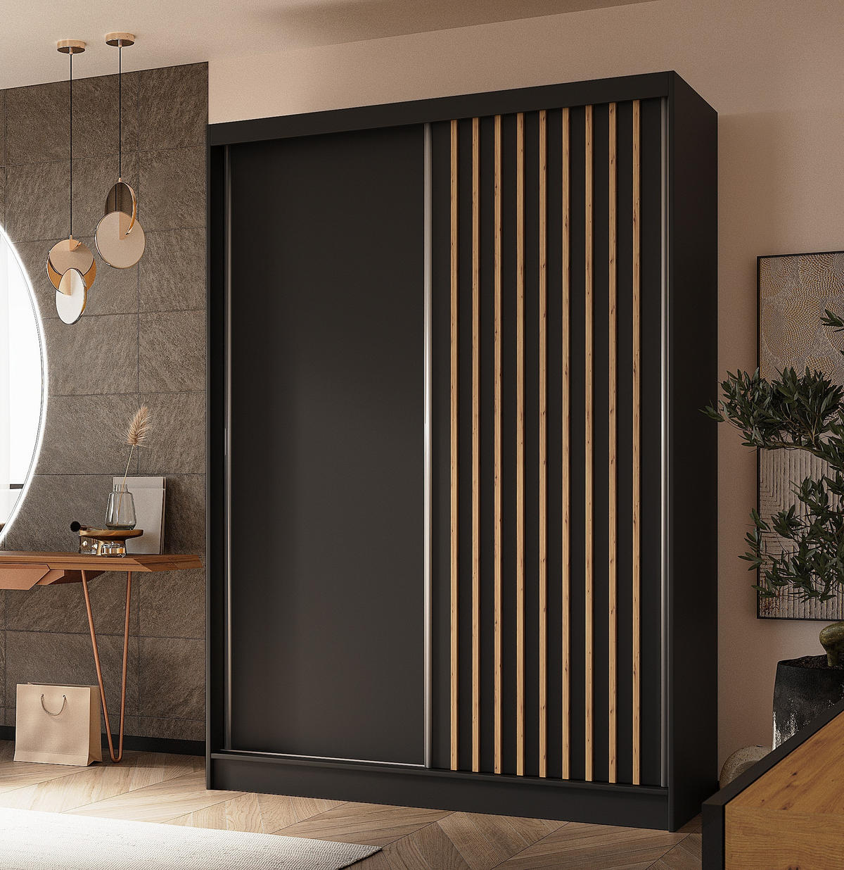 SCHWEBETÜRENSCHRANK Cabinio Schwarz Eiche Artisan 150/216/61 cm – Modern, mit Lamellen - Walnussfarben/Schwarz, Holzwerkstoff/Kunststoff (150/216.1/61cm) - AX Living