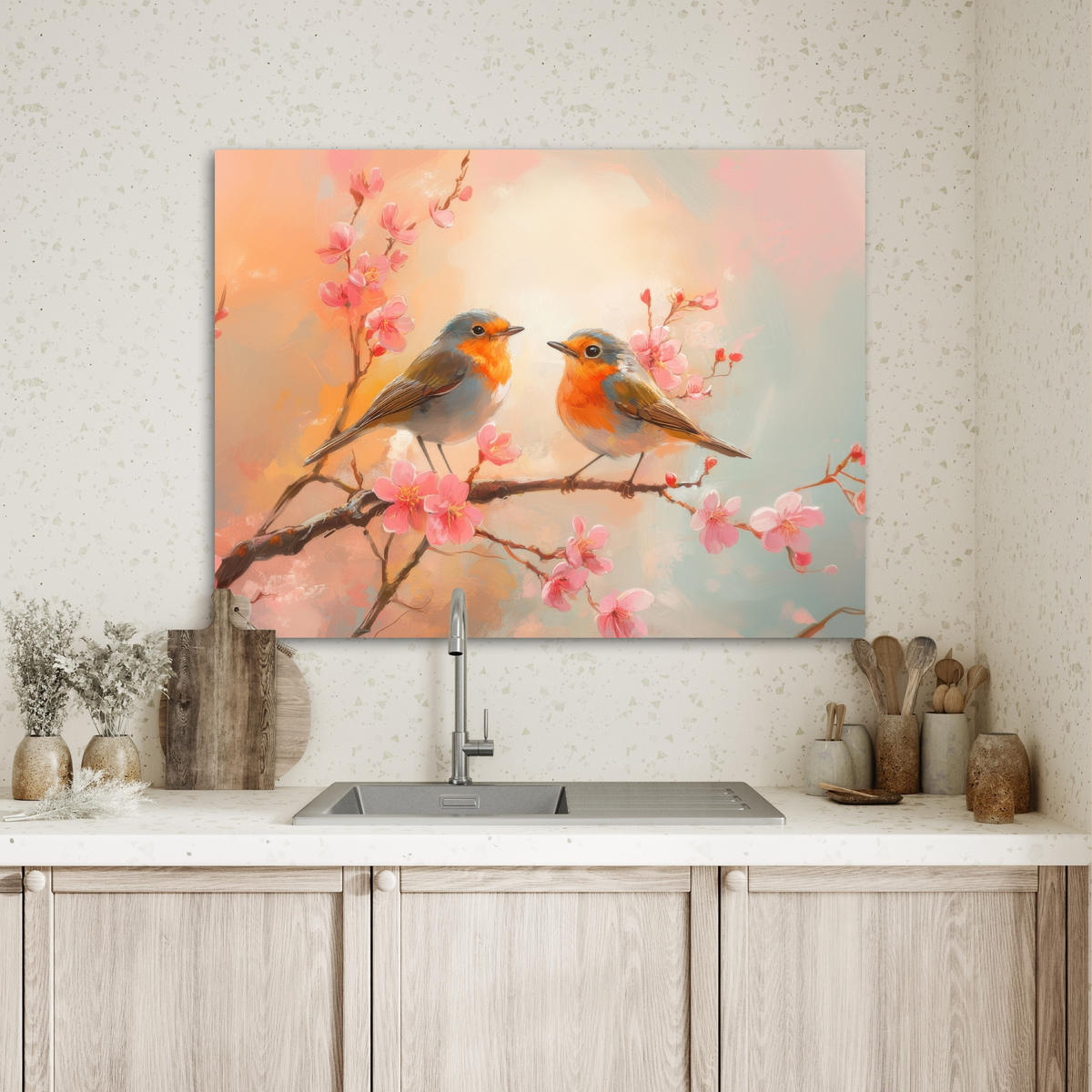 LEINWANDBILD Rotkehlchen - Zierpflanze - Blütenzweig Wandbilder 80x60 cm - Hellrosa, Textil (80/60cm) - MuchoWow