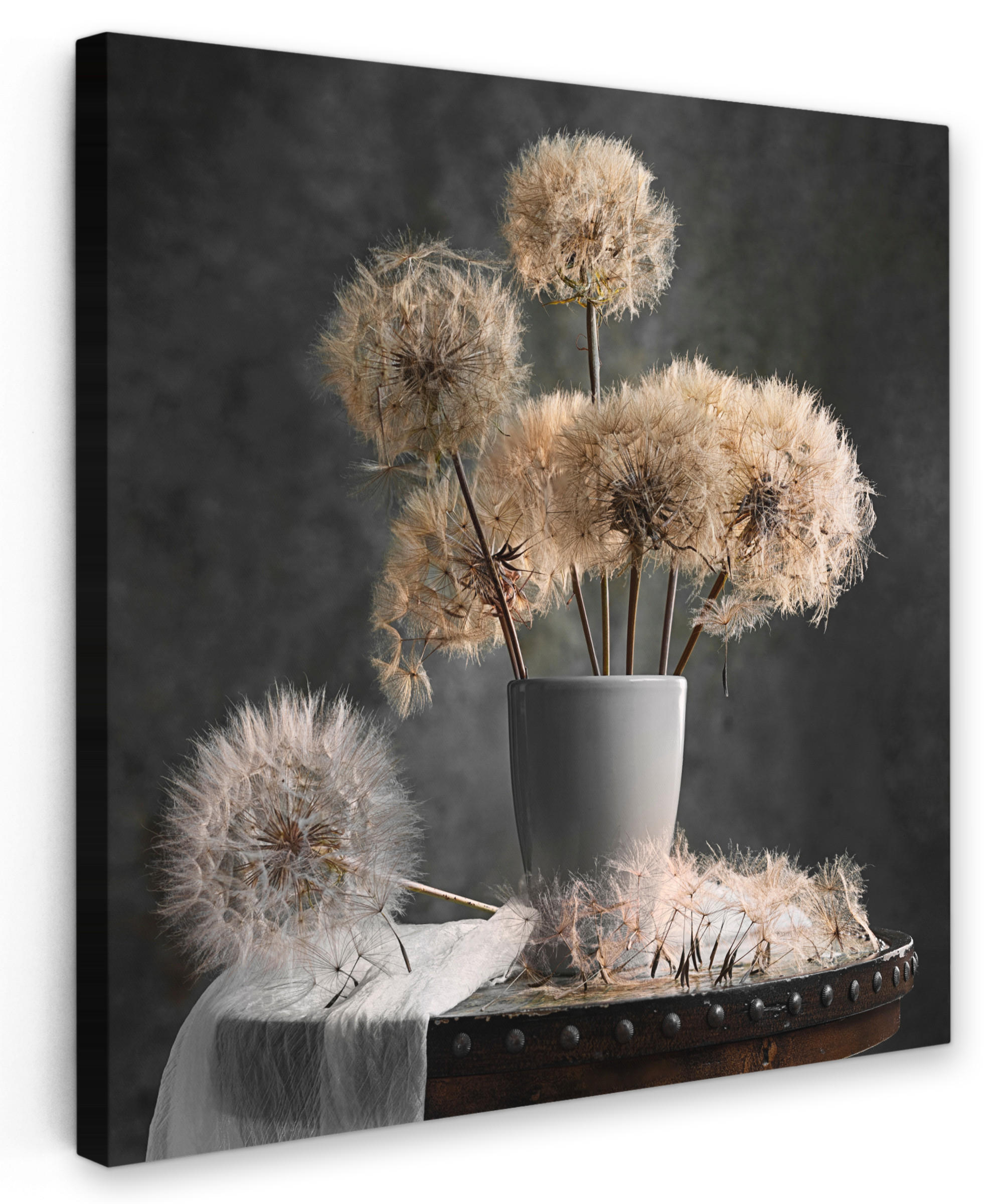 LEINWANDBILD Blumensamen - Löwenzahn - Vase - Stilleben - Blumenstrauß 20x20 cm - Dunkelgrau, Textil (20/20cm) - MuchoWow