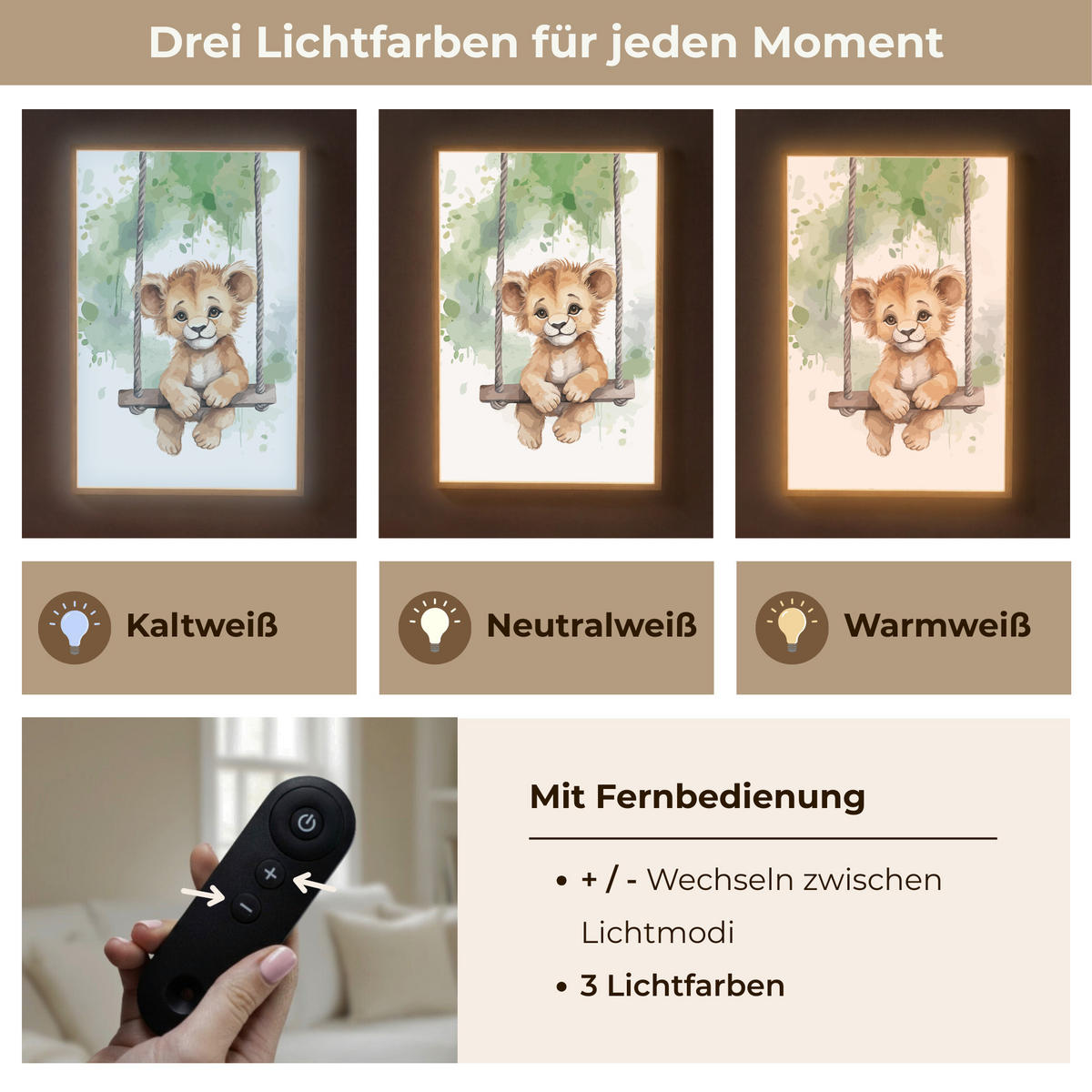 WANDLEUCHTE MIT AKKU Löwe - Tier - Kinder - Dschungel 70x100 cm - Weiß, Holzwerkstoff (70/100/8cm) - OnlyWow