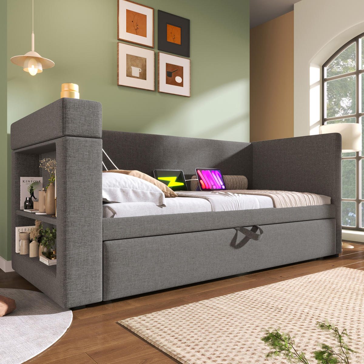 POLSTERBETT 90/190 cm Grau mit Ausziehbett und USB- & Type-C-Anschlüssen - Grau, Textil (90/190cm) - OKWISH