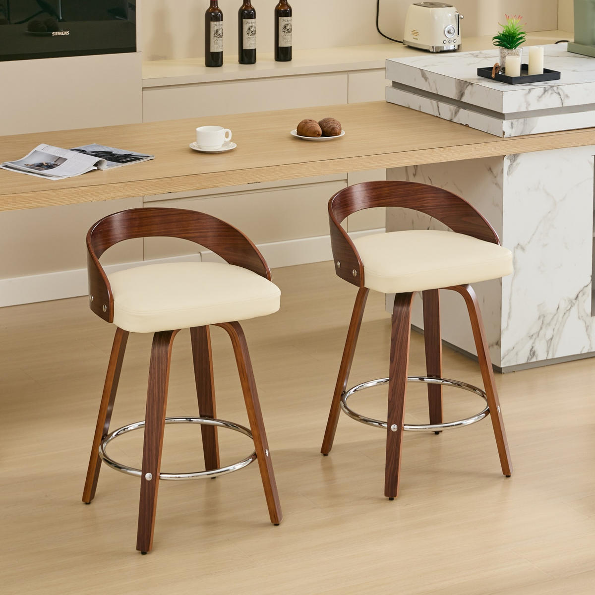 BARHOCKER 2er-Set Beige mit Rückenlehne und 360° Drehfunktion - Beige, Leder (48/77.5/46.5cm) - PANGIVO