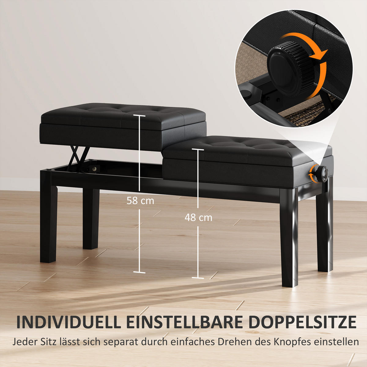 KLAVIERBANK DE-07143 verstellbarer Doppelsitz, Stauraum, bis 220 kg Schwarz - Schwarz, Holz (37/58/105cm) - ComfortXL