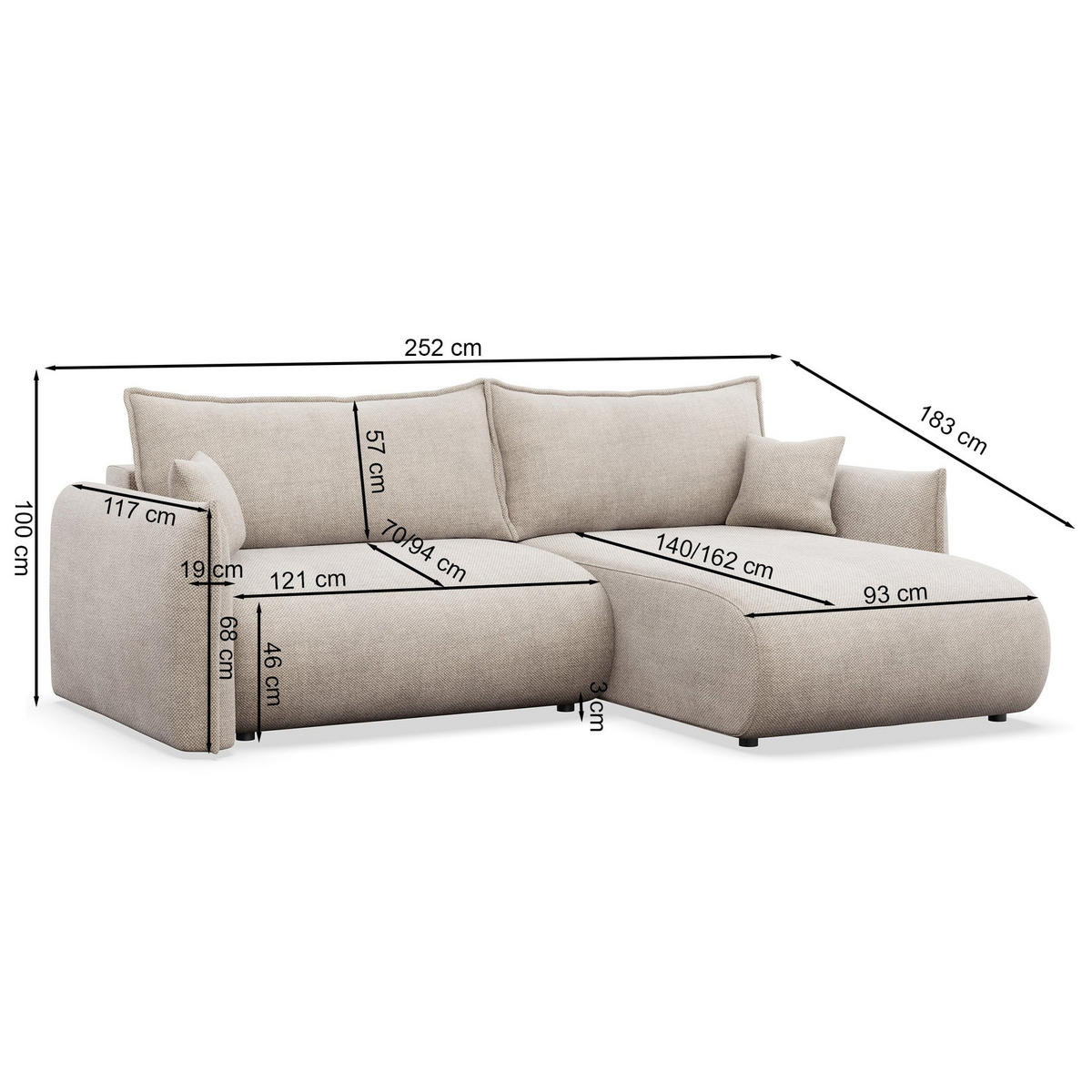 ECKSOFA Cushi Hellbraun-Chenille - Hellbraun/Schwarz, Kunststoff/Textil (252/183cm) - Selsey