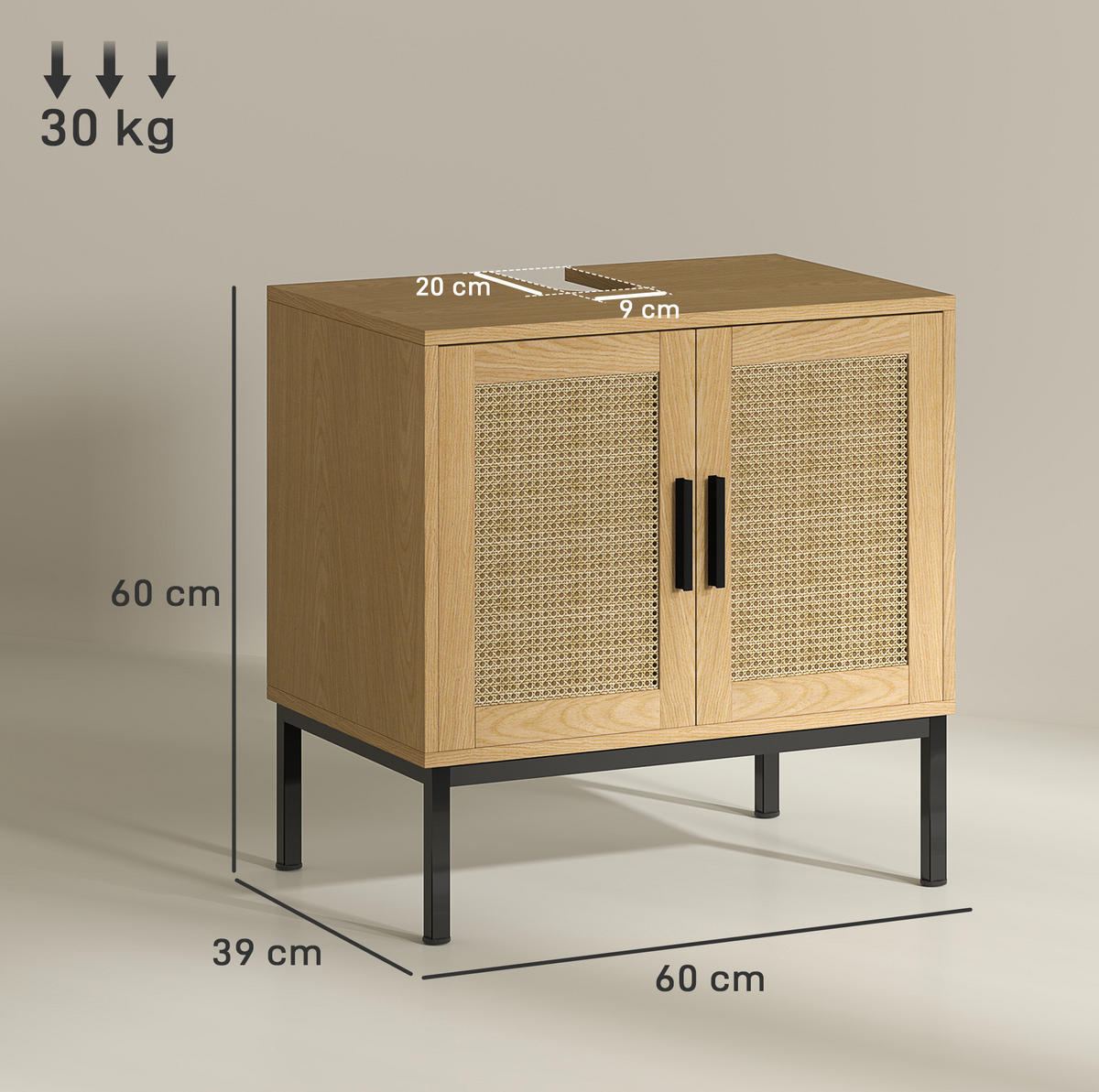 WASCHBECKENUNTERSCHRANK mit Rattanoptik 60 x 39 x 60 cm Oak - Eichefarben, Holzwerkstoff (39/60/60cm) - Beauniv