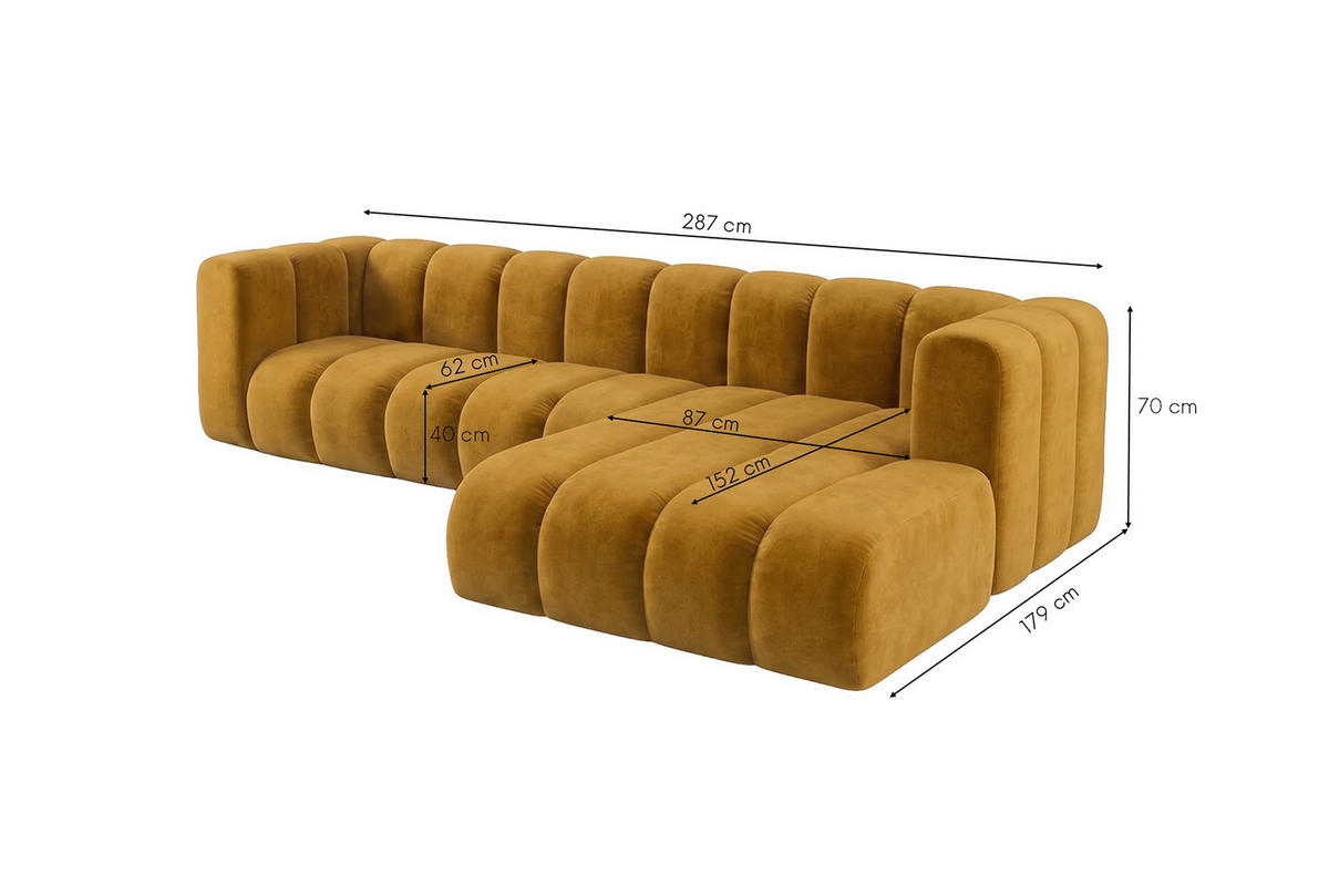 ECKSOFA Modulares In L-Form, Velvet-Stoff Riviera, Senffarbe, Rechts, GRAND 287 cm - Gelb, Holz (287/179cm) - Kaiser Möbel