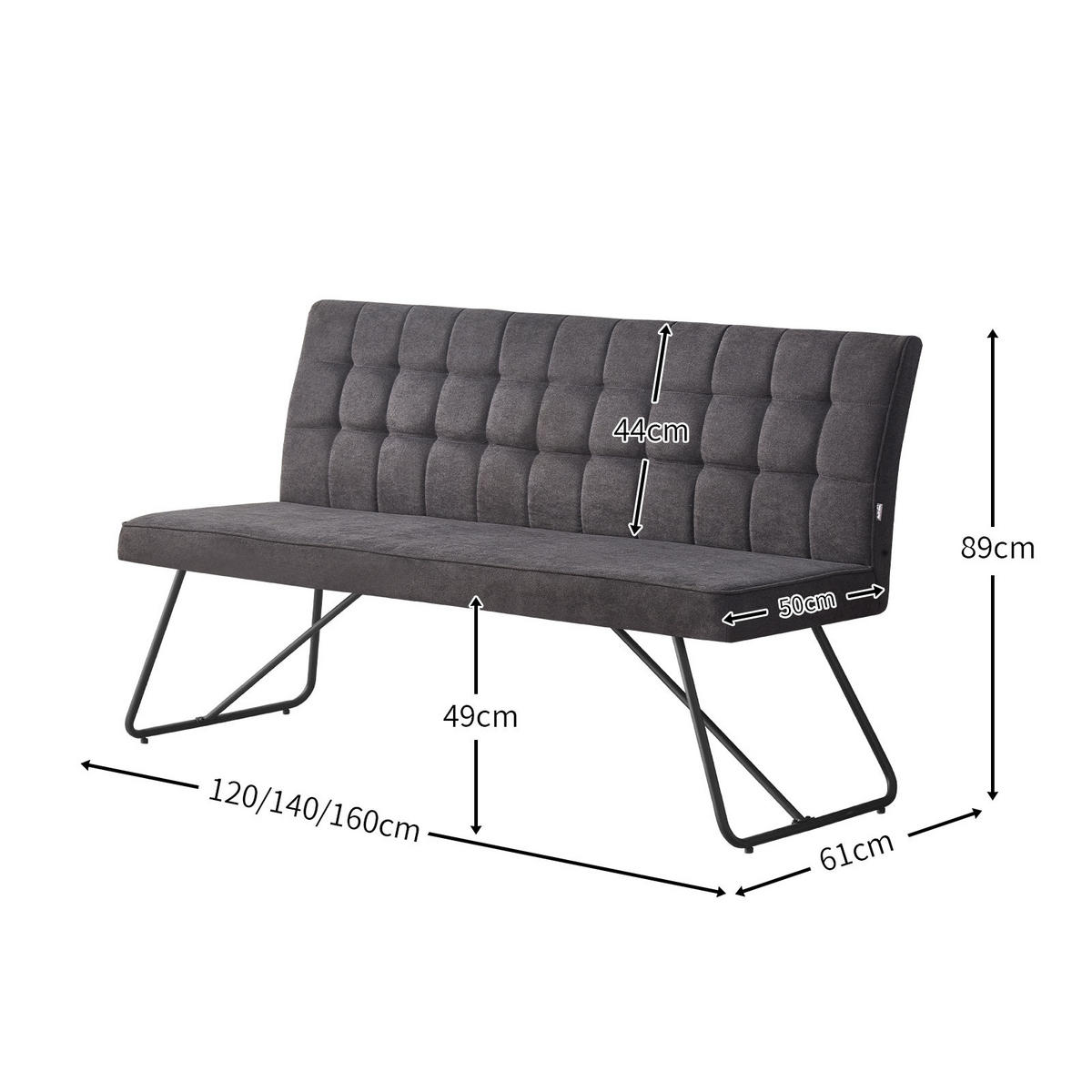 SITZBANK LINA 160 cm Anthrazit - Anthrazit/Schwarz, Textil/Metall (160/88/61cm) - B&D Home