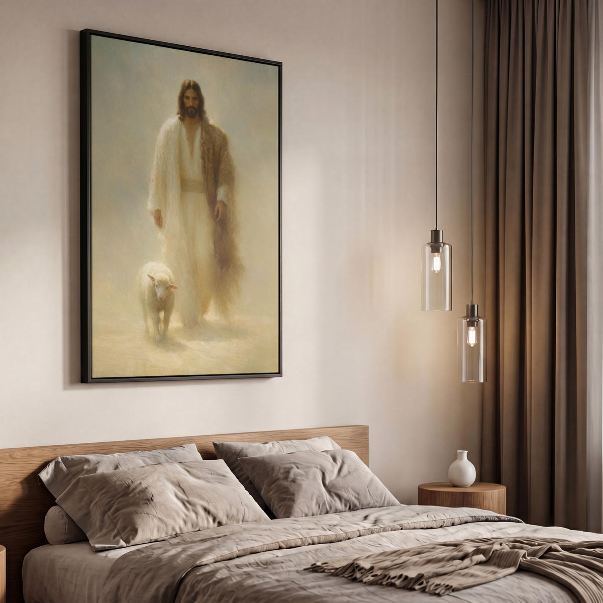 LEINWAND Bilder mit Rahmen - Schaf - Jesus - Pinselstriche - Abstrakt - 60x90 - Beige, Textil (60/90cm) - MuchoWow
