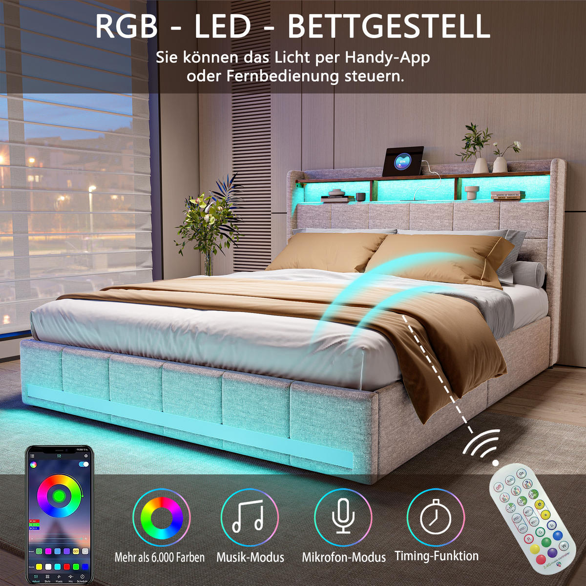 POLSTERBETT 140x200 cm mit Stauraumkopf und 4 Schubladen, LED-Leisten, USB-/Typ-C, Leinenstoff, Beige - Beige, Holz (140/200cm) - BRILVERDE