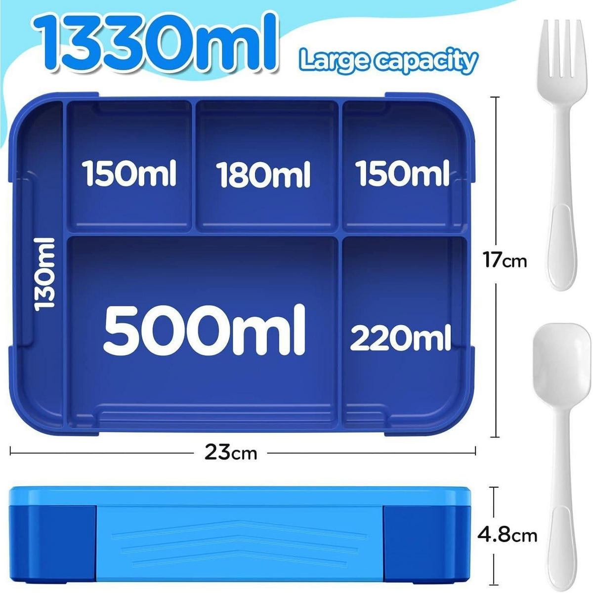BROTDOSE Kinder mit 6 Fächern und Besteck 1330 ml Blau - Blau, Kunststoff (17/4.8/23cm)