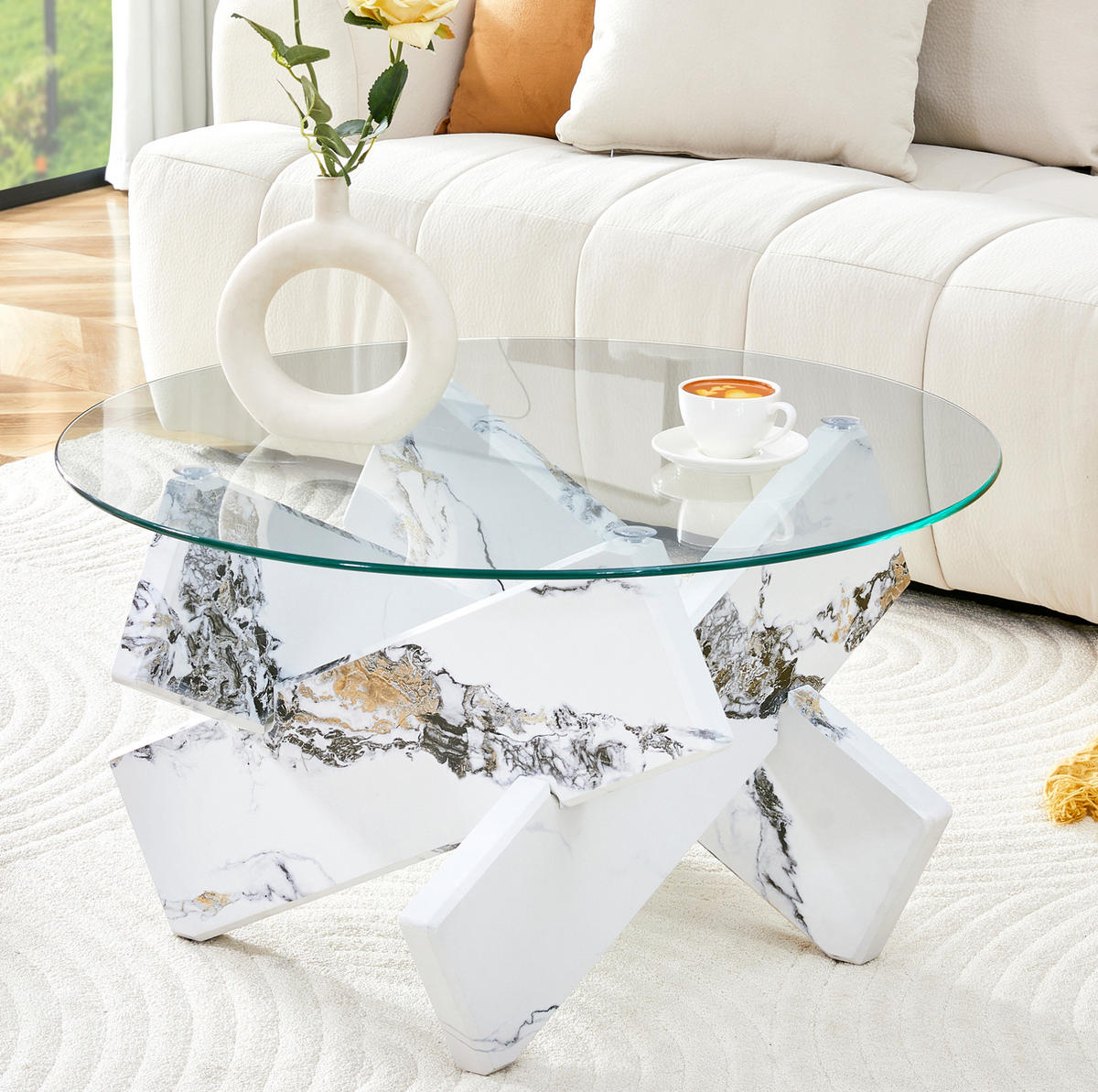 COUCHTISCH, MDF & 0,8 cm gehärtetes Glas, weißes Marmor-Design, kreuzförmige Stütze, 79/79/45 cm,weiß - Weiß, Holzwerkstoff (79/79/45cm) - Redom