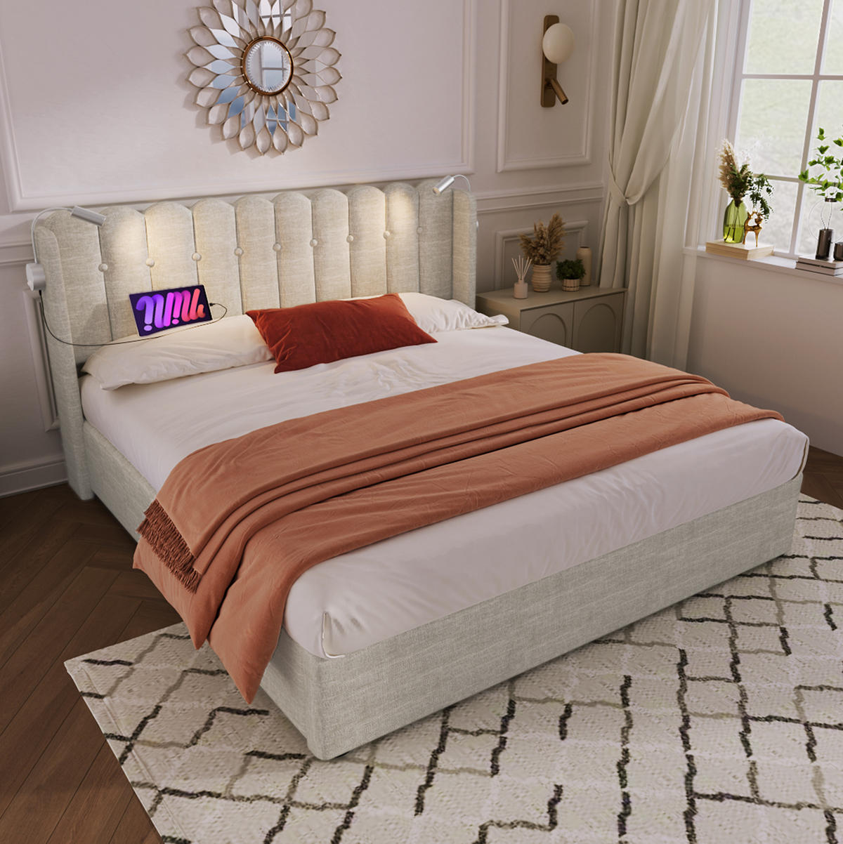 POLSTERBETT mit Bettkasten 140x200 cm Leinen Beige USB & Leselicht - Beige, Metall (140/200cm) - Meubliv