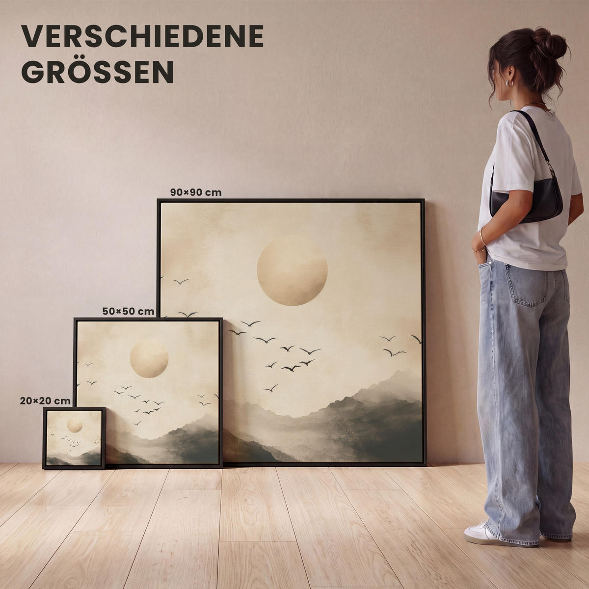 LEINWAND Bilder mit Rahmen - Landschaft - Japandi - Vogel - 90x90 - Beige, Textil (90/90cm) - MuchoWow