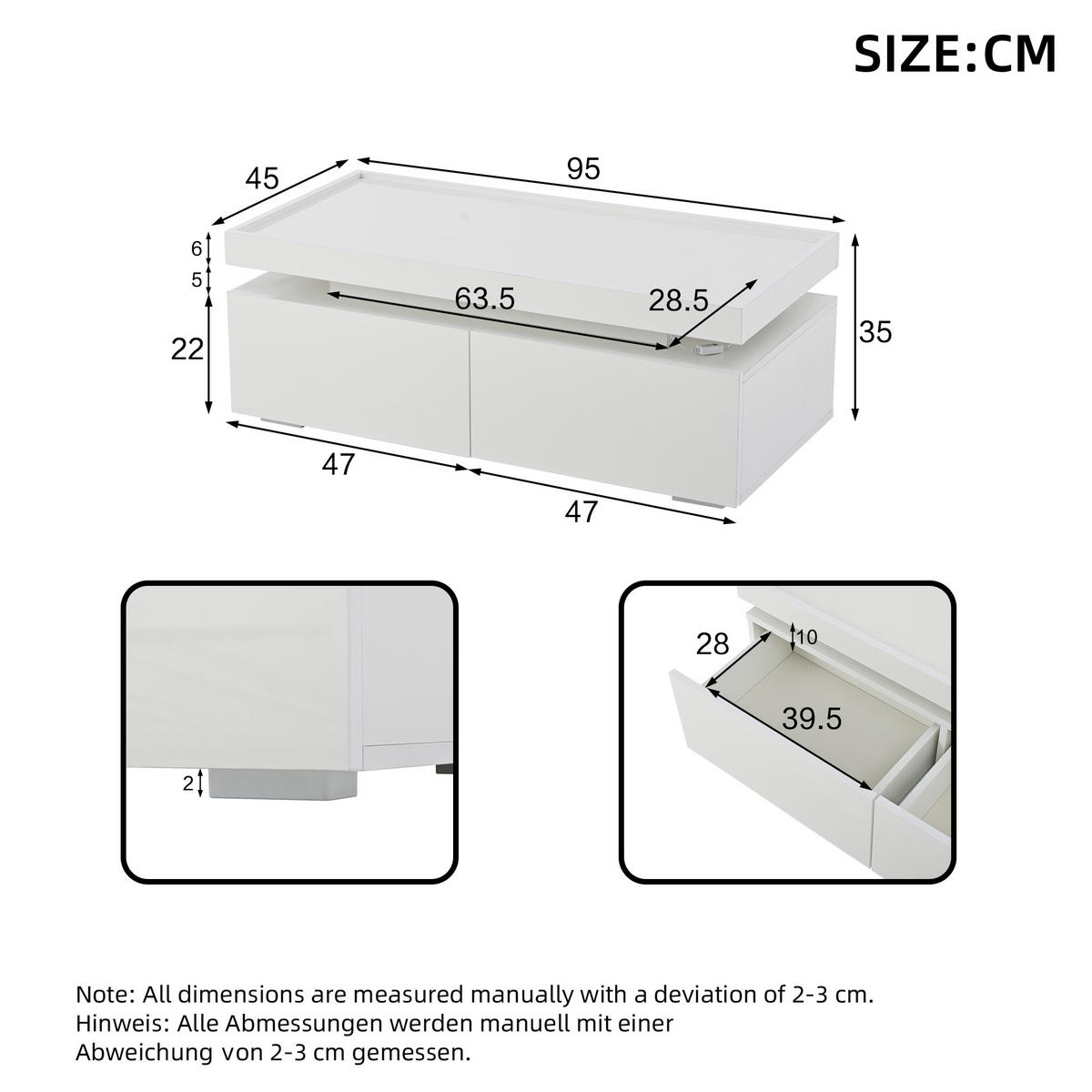COUCHTISCH 95/45/35 cm weiß aus Spanplatte mit LED und 2 Schubladen - Weiß, Holzwerkstoff (95/45/35cm) - OKWISH