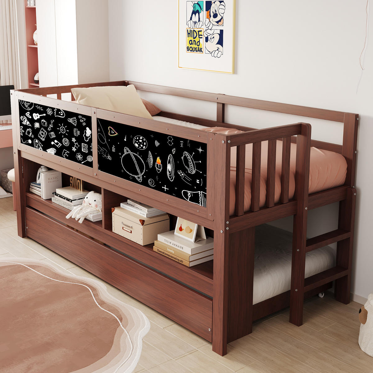 KINDERBETT 90/200 cm braun Multifunktionales Hochbett mit Kletterleiter und Graffiti-Tafel - Braun, Holz (90/200cm) - OKWISH