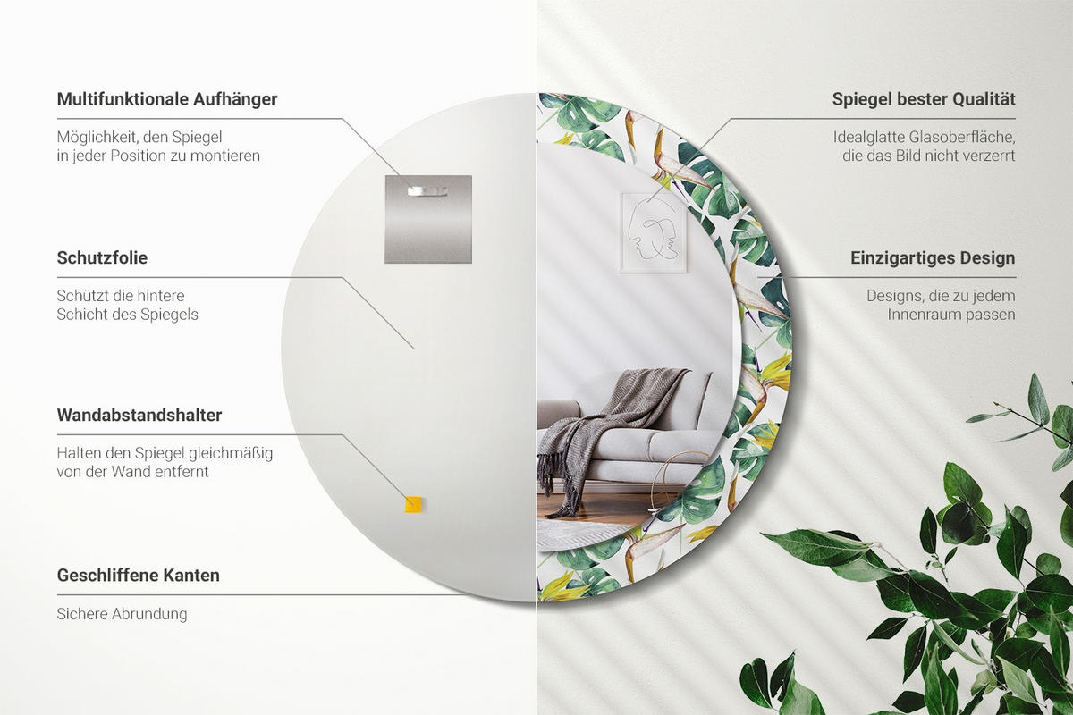 SPIEGEL Rund Ø 70 cm mit Aufdruck - Multicolor, Glas (70/70/0.4cm) - Wallfluent