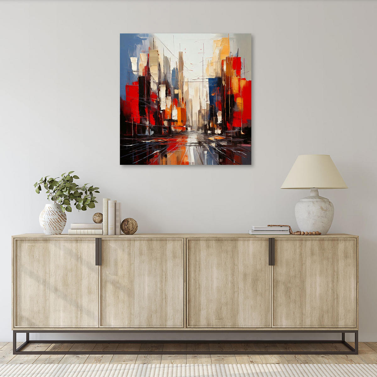 LEINWANDBILD Stadt Abstraktion Rot 30x30cm - Multicolor, Textil (30/30cm) - Feeby