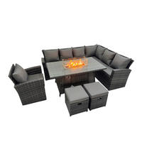 GARTENTISCHGRUPPE Rechte Ecke Polyrattan Dunkelgrau 9-Sitzer - Dunkelgrau/Grau, Glas/Kunststoff - Fimous