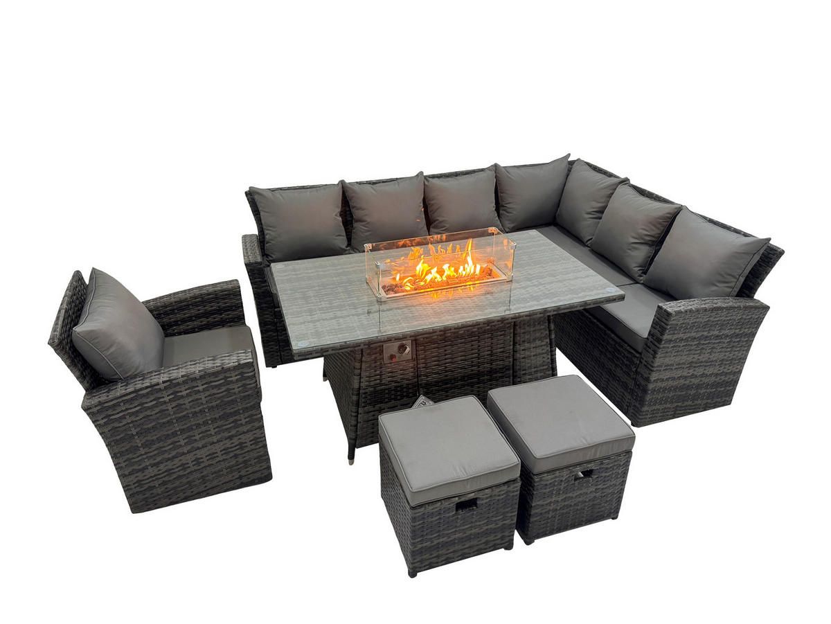 GARTENTISCHGRUPPE Rechte Ecke Polyrattan Dunkelgrau 9-Sitzer - Dunkelgrau/Grau, Glas/Kunststoff - Fimous