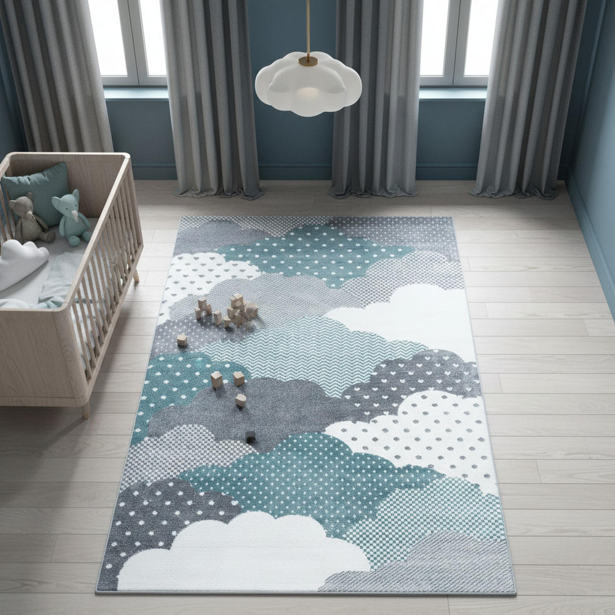 KINDERTEPPICH Wolken Pflegeleicht Waschbar Kinderzimmer OEKO-TEX Blau 80x150 cm Gekettelt – NOLA - Blau, Textil (80/150cm) - KADIMA DESIGN