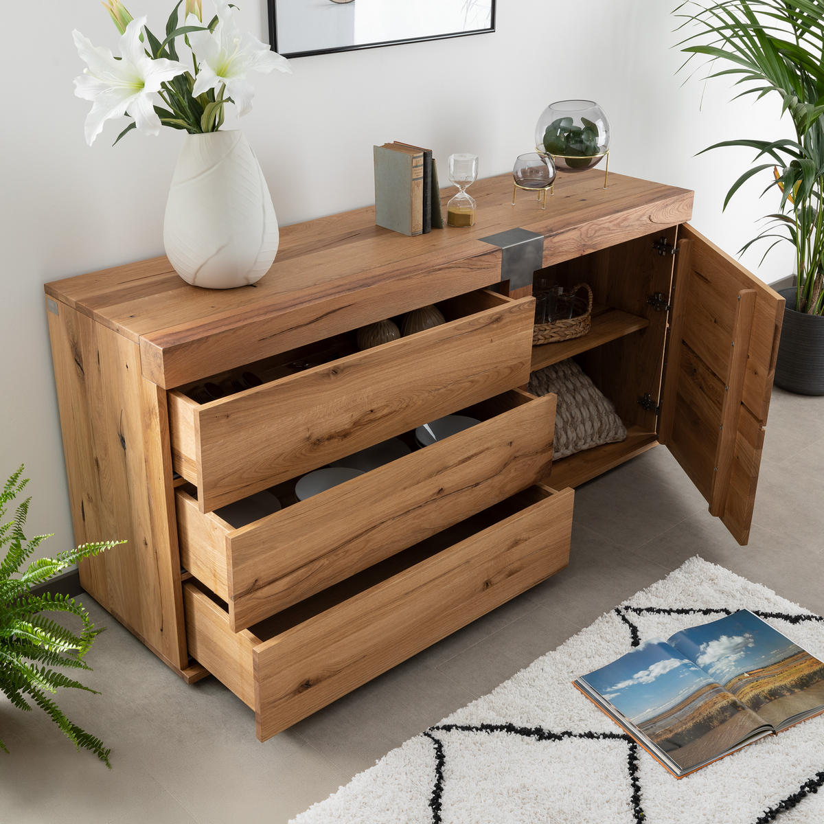 SIDEBOARD Wildeiche / Zerreiche 160x45x75 natur geölt NEW AMSTERDAM #10 - Naturfarben, Holz (160/75/45cm) - Massivmoebel24