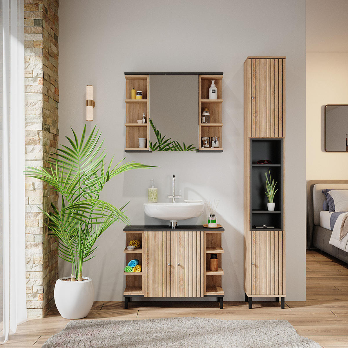 BADMÖBEL-SET Aquis Sonoma 3 Teile, mit Hochschrank - Anthrazit/Sonoma Eiche, Holzwerkstoff (79.6/64/32cm) - Vicco