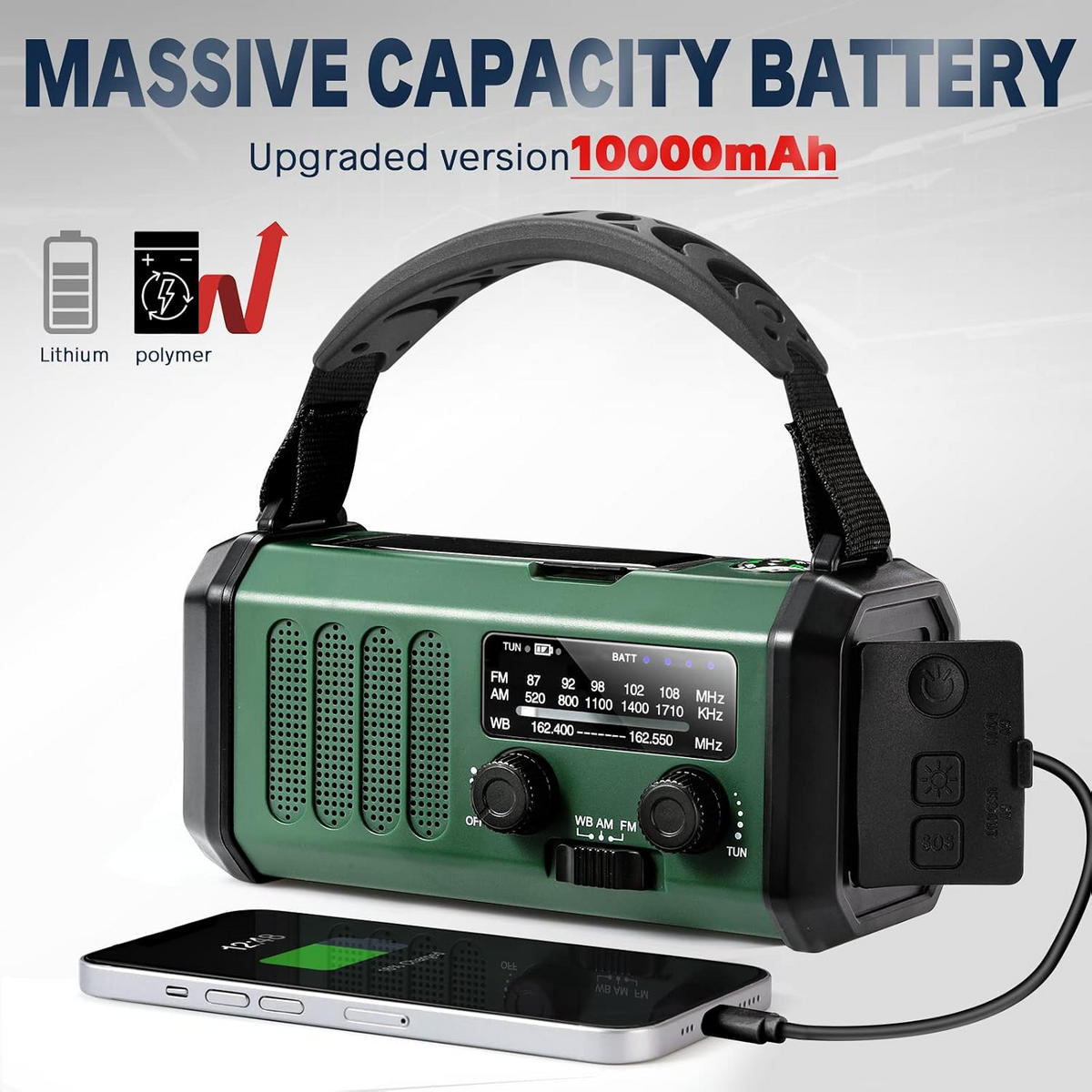 RADIO – FM/AM – 10000 mAh / LED-Taschenlampe / Solarbetrieb – Grün - Grün, Kunststoff (16/6/8.5cm)