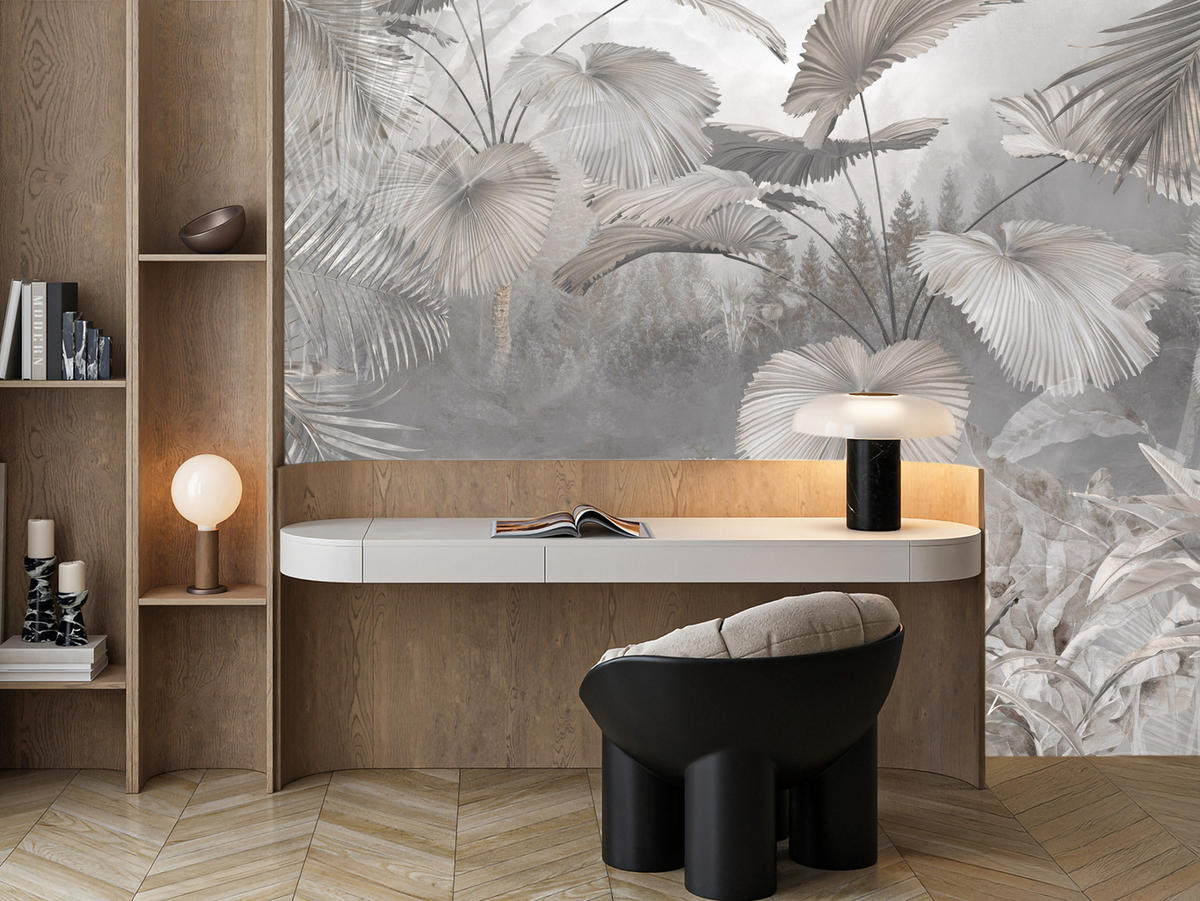 FOTOTAPETE für Wohnzimmer Tropische Blätter Dschungel Palmen Grau 300x210 - Beige/Grau, Papier (300/210cm) - Muralo