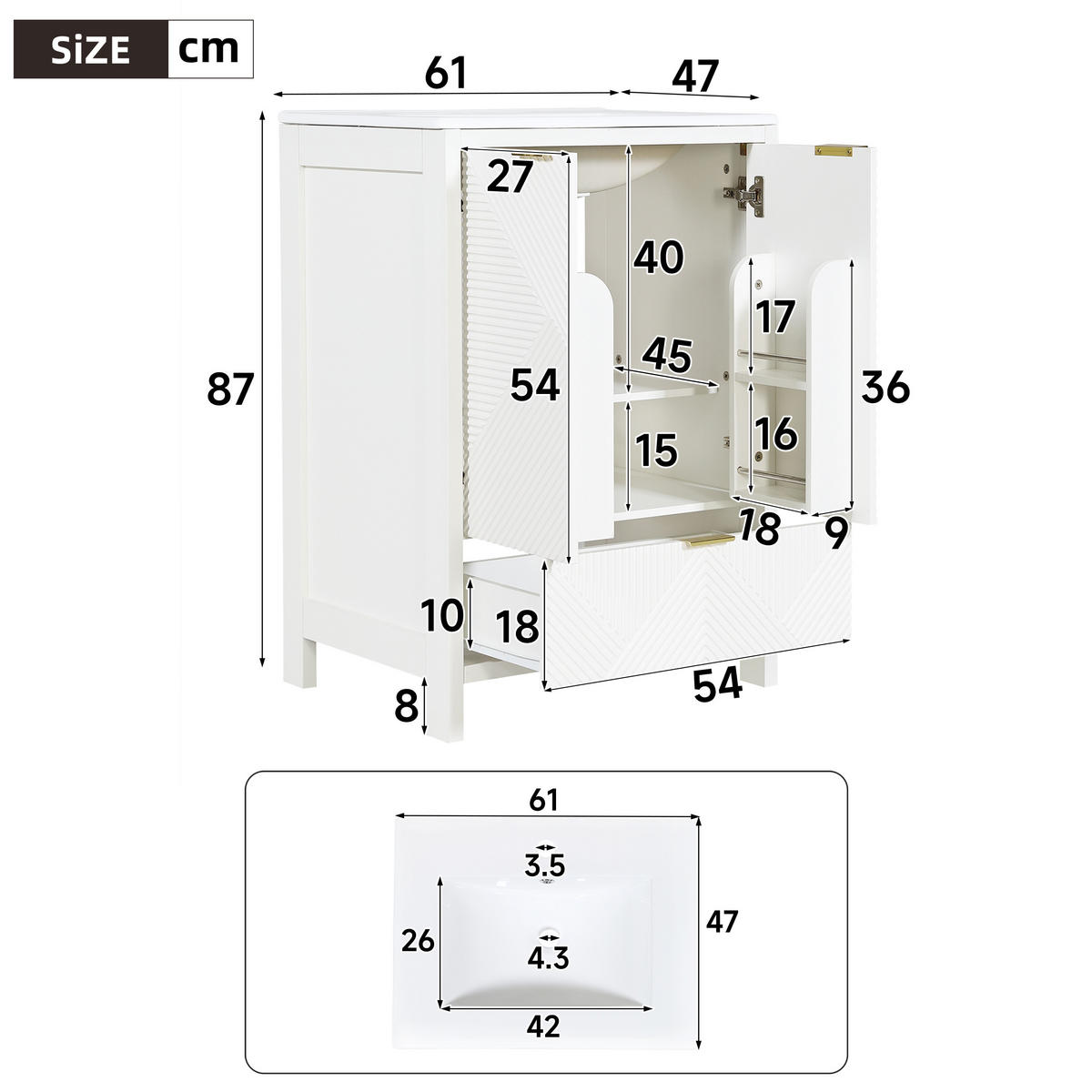 BAD-WASCHTISCHUNTERSCHRANK Weiß mit Keramikbecken - Weiß, Holzwerkstoff (61/87/47cm) - Urban Meuble