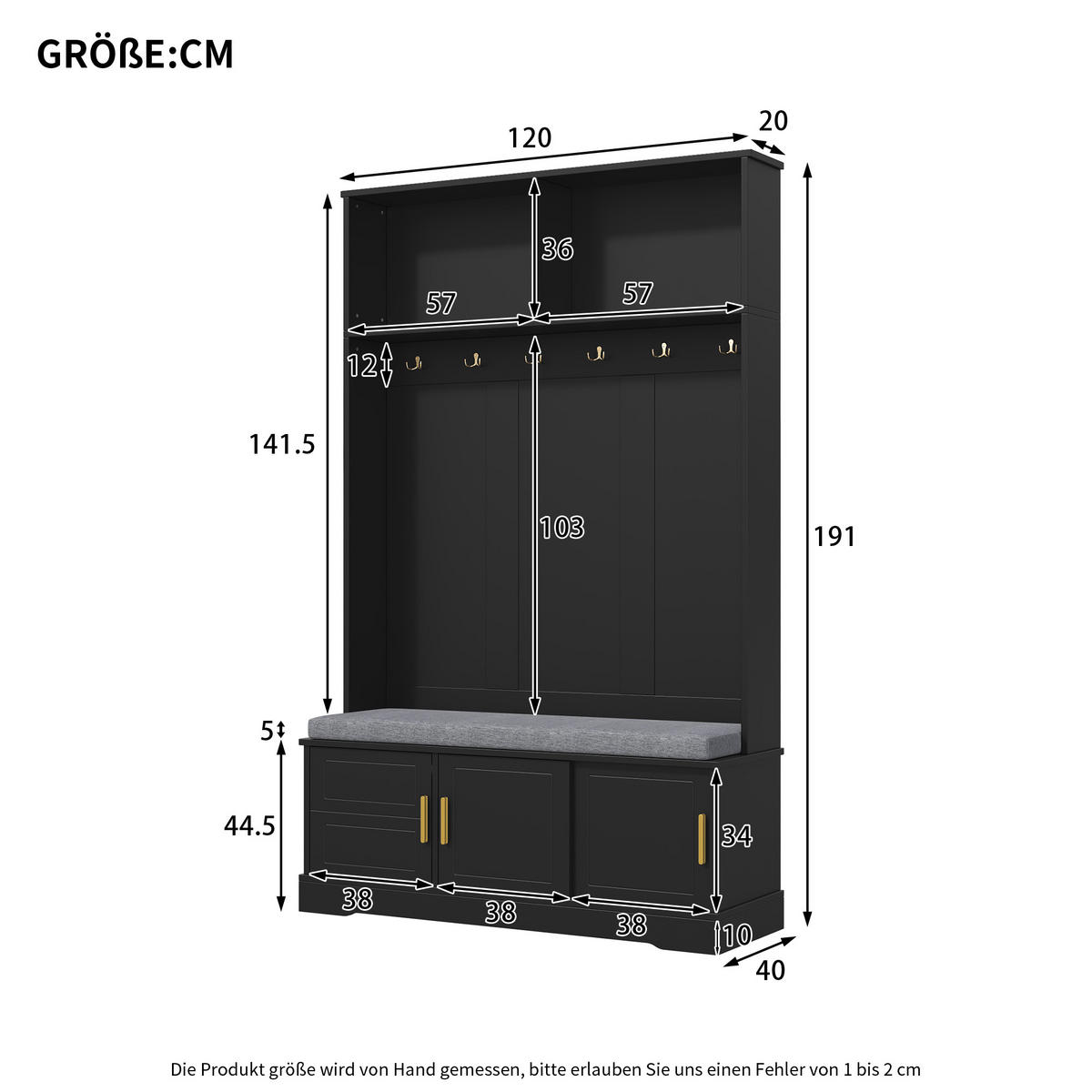 GARDEROBENSTÄNDER mit Bank 6 Haken Schwarz 120x40x191cm - Schwarz, Holzwerkstoff (40/191/120cm) - FLIEKS