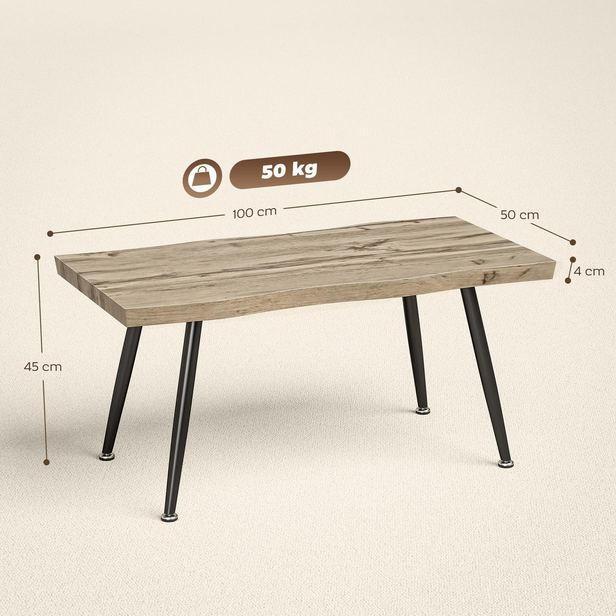 COUCHTISCH Beistelltisch mit Stahlbeine, 4 cm dicker Tischplatte Wohnzimmertisch 100 x 50 x 45 cm Eiche+Schwarz - Eichefarben, Holzwerkstoff (50/100/45cm)