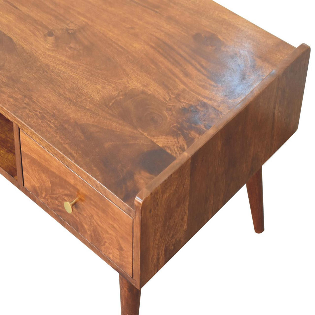 TV-EINHEIT Massivholz Kastanienbraun, 2 Schubladen und Offenes Fach - Dunkelbraun/Messingfarben, Mangoholz/Holz (100/43/50cm) - Artisan Furniture